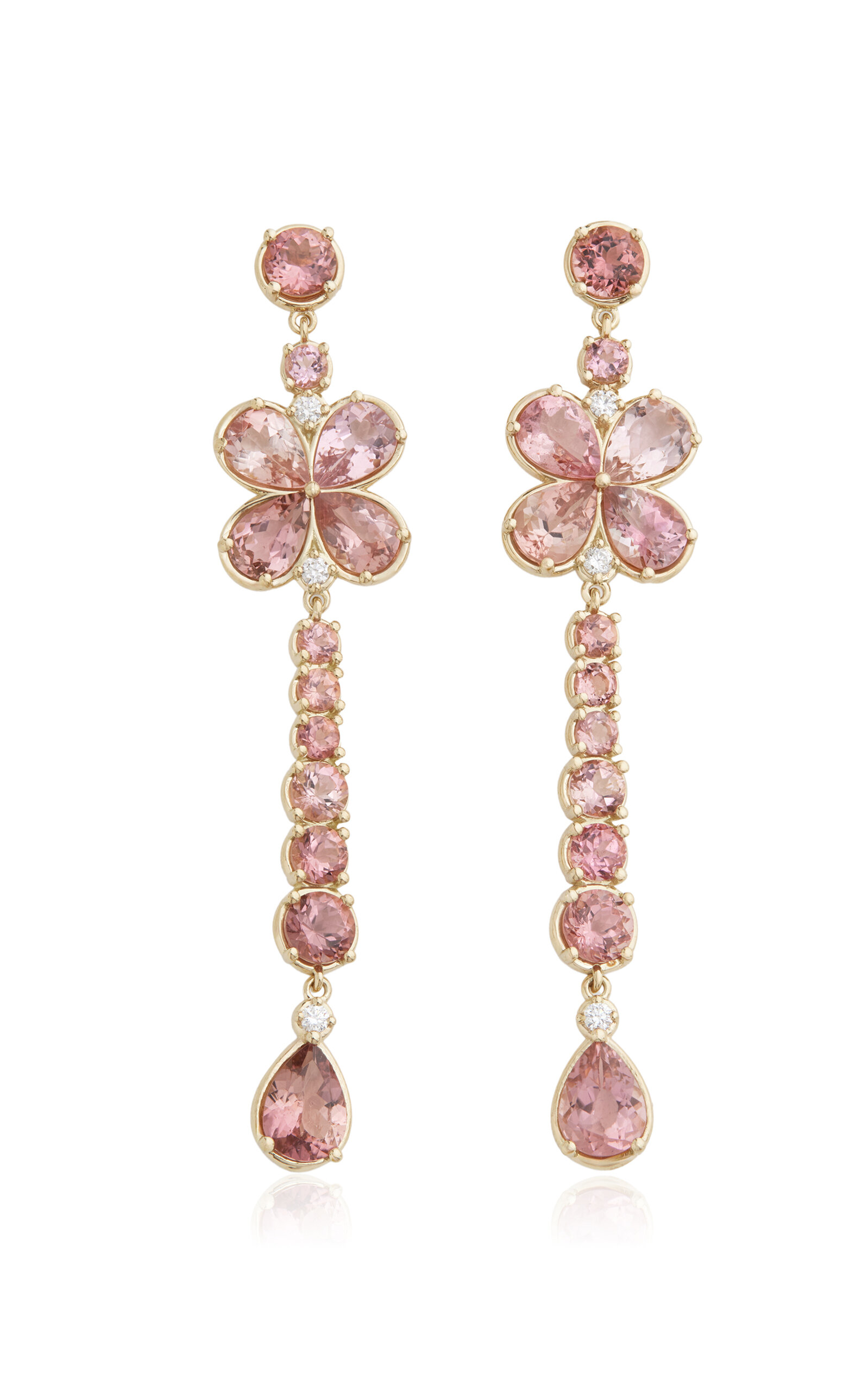 Long Floral 18K Yellow Gold Diamond And Tourmaline Earring