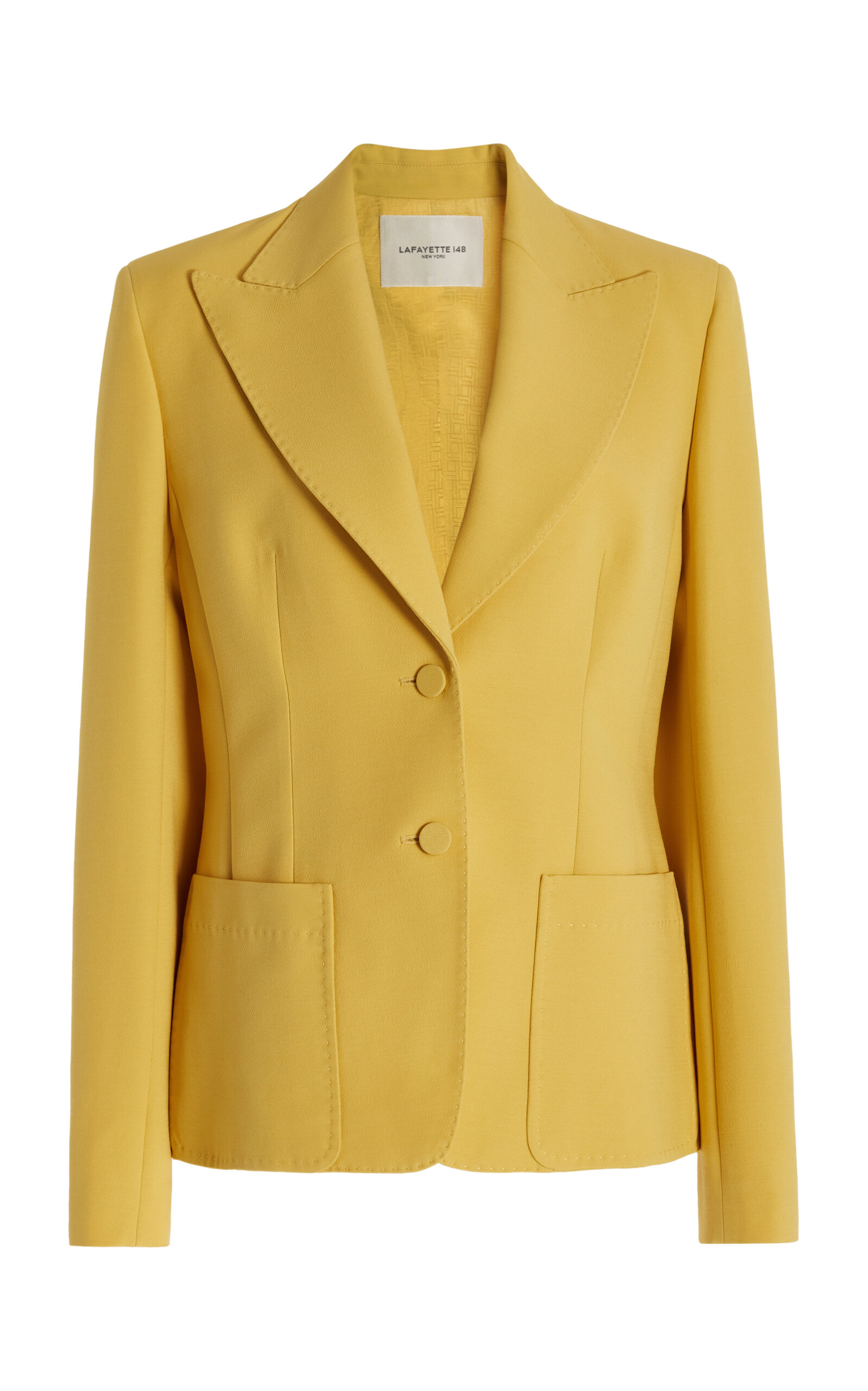 Shop Lafayette 148 Wool-silk Crepe Pointed Lapel Blazer In Yellow