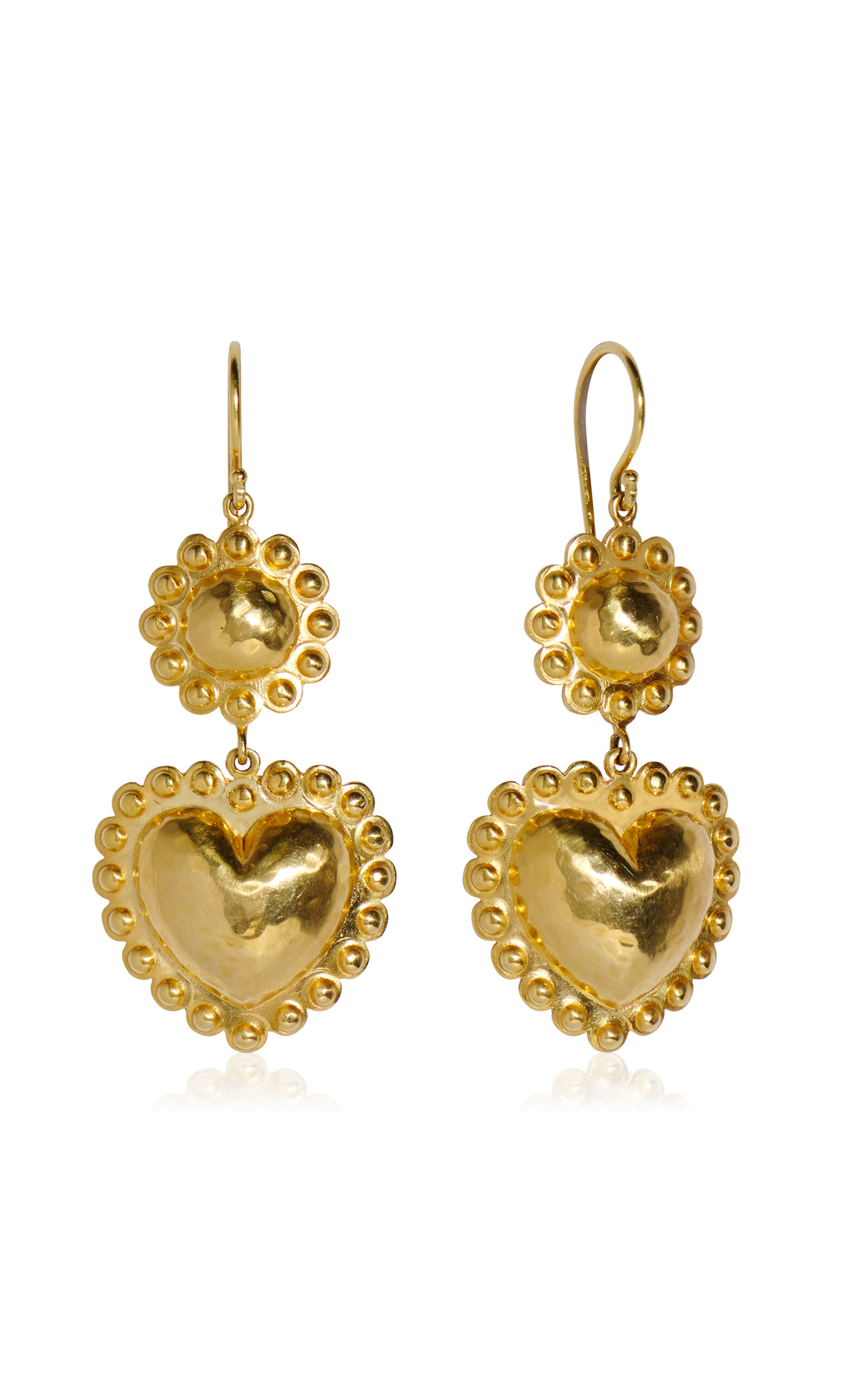 18k Yellow Gold Heart Earrings with Flowers on Wire