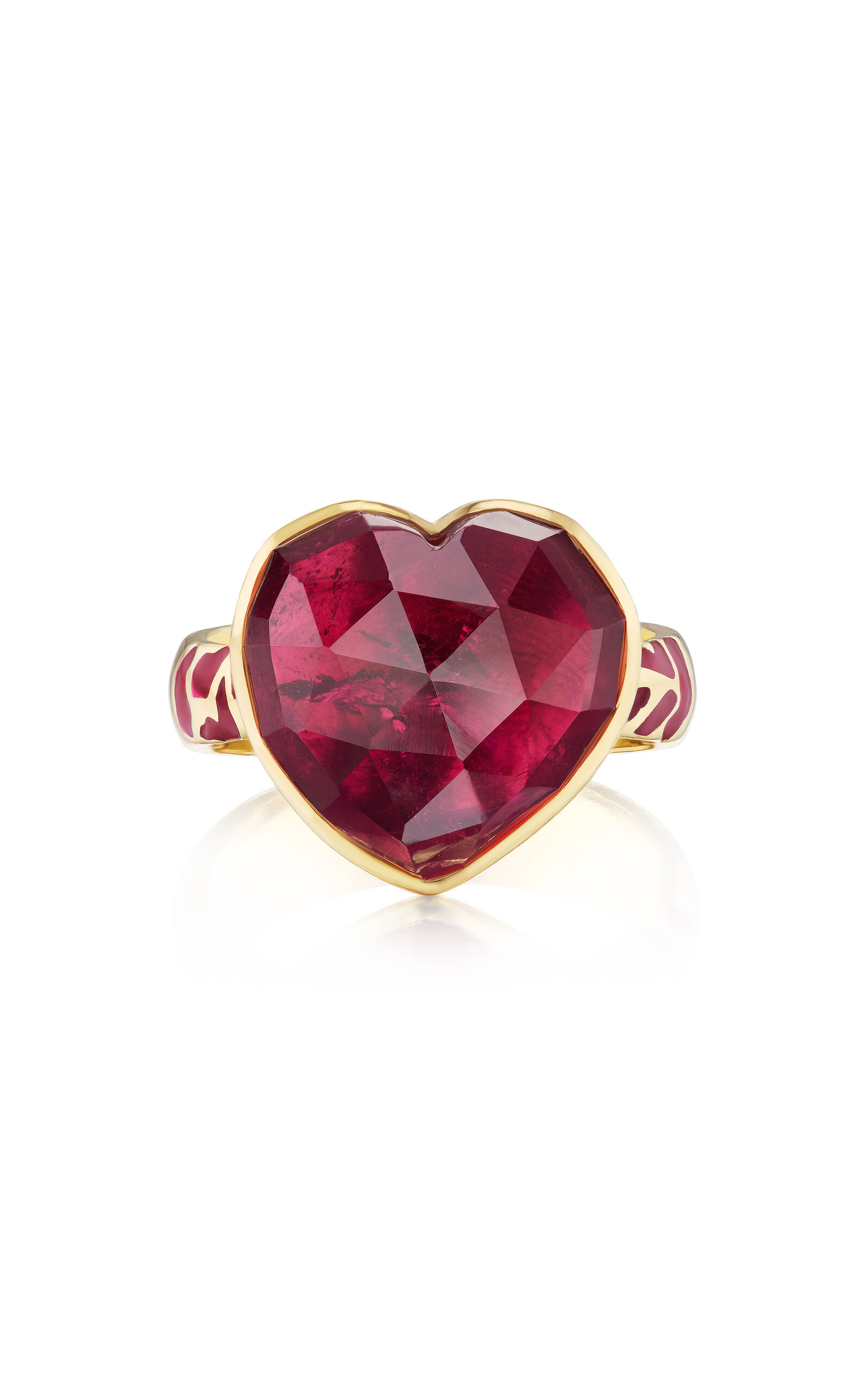 18k Yellow Gold Pink Tourmaline Heart Ring with Pink Enamel