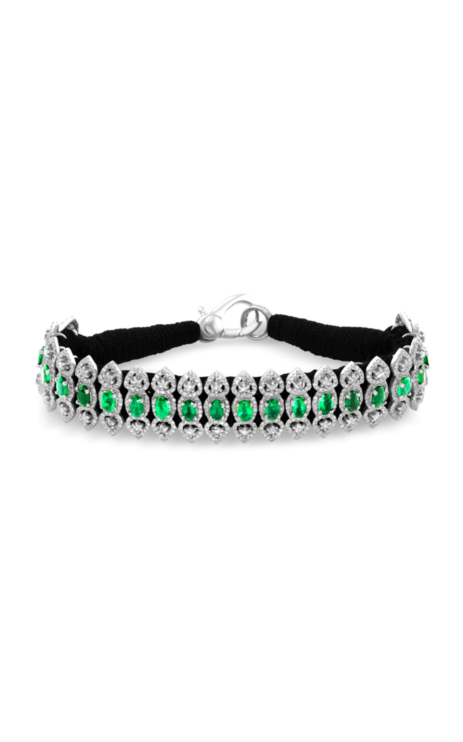 Silver Diamond; Emerald Woven Bracelet