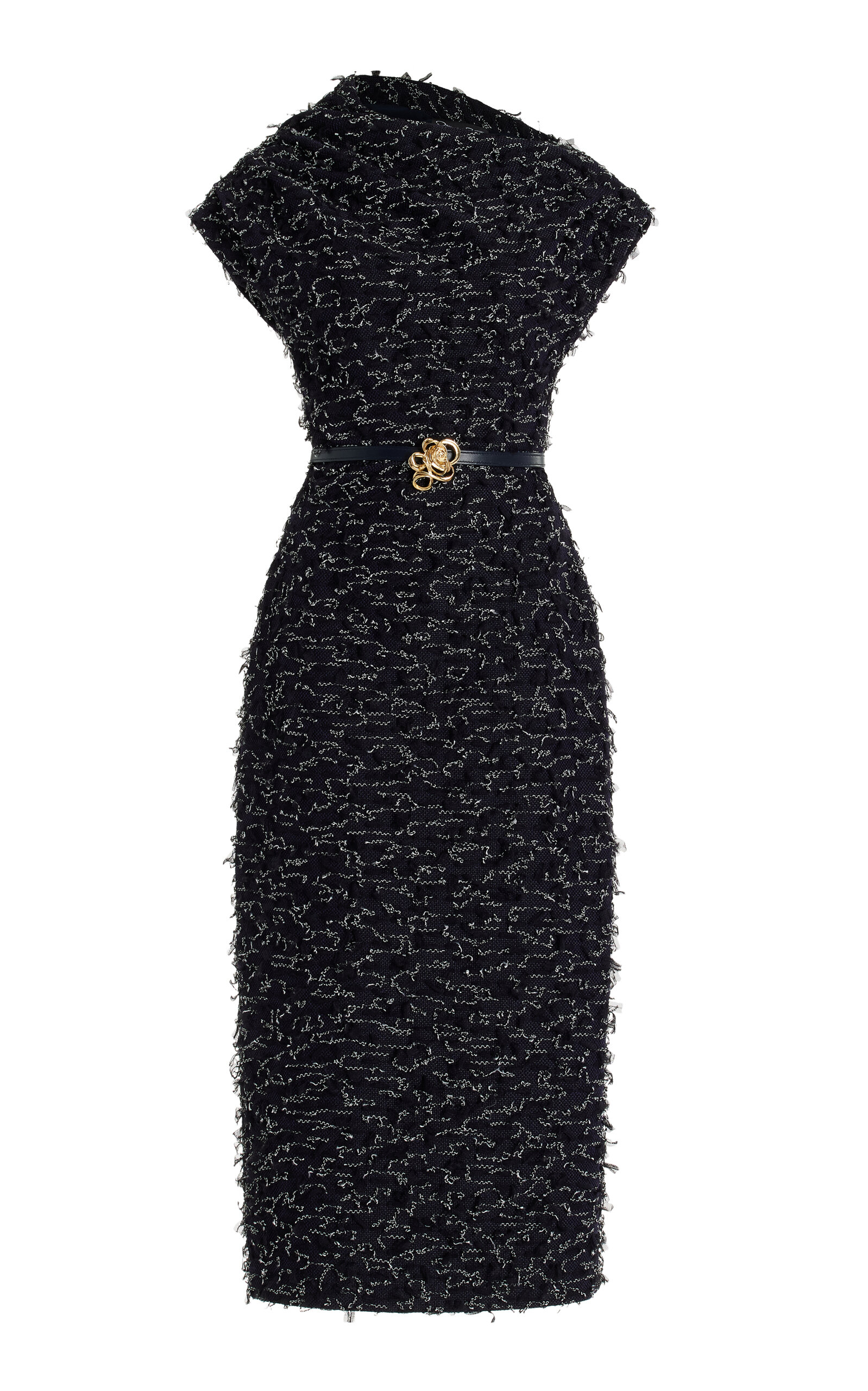 Shop Oscar De La Renta Draped Eyelash Tweed Midi Dress In Navy