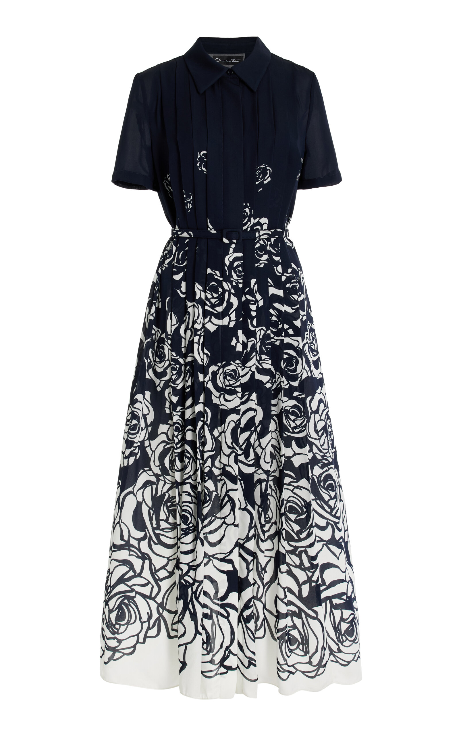 Shop Oscar De La Renta Printed Cotton Poplin Midi Dress In Navy