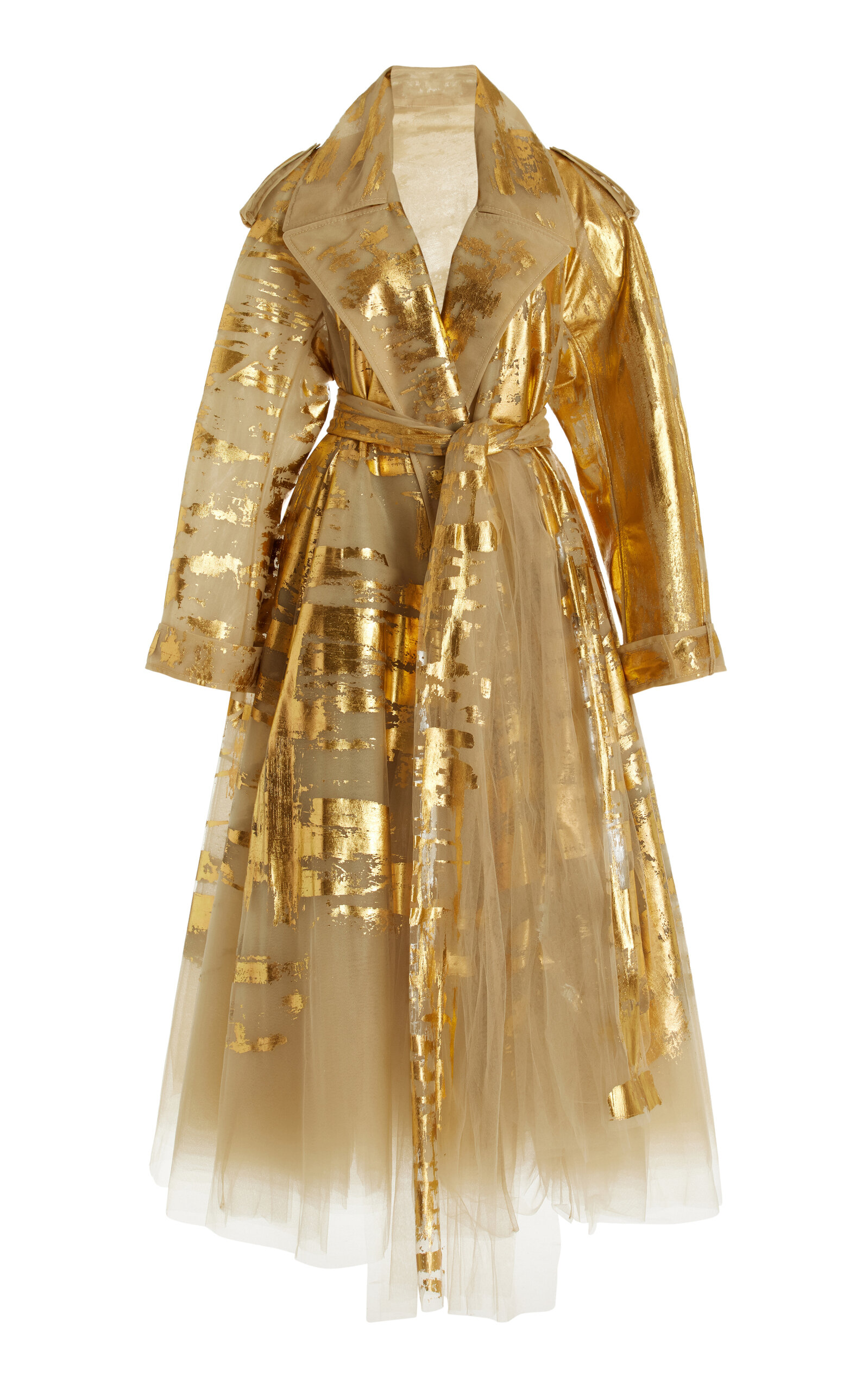 Shop Oscar De La Renta Foiled Tulle Trench Coat In Gold