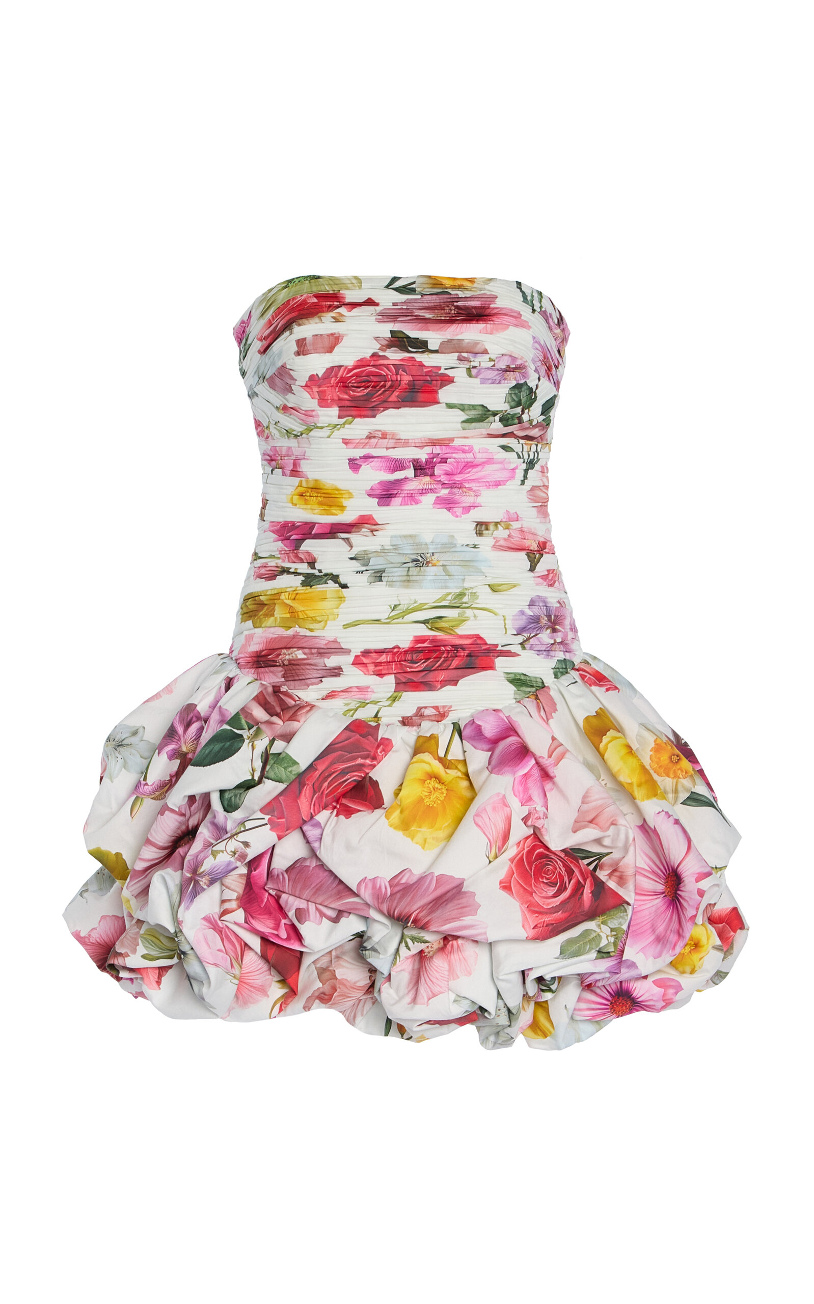 Violette Ruched Floral-Cotton Bubble-Hem Mini Dress