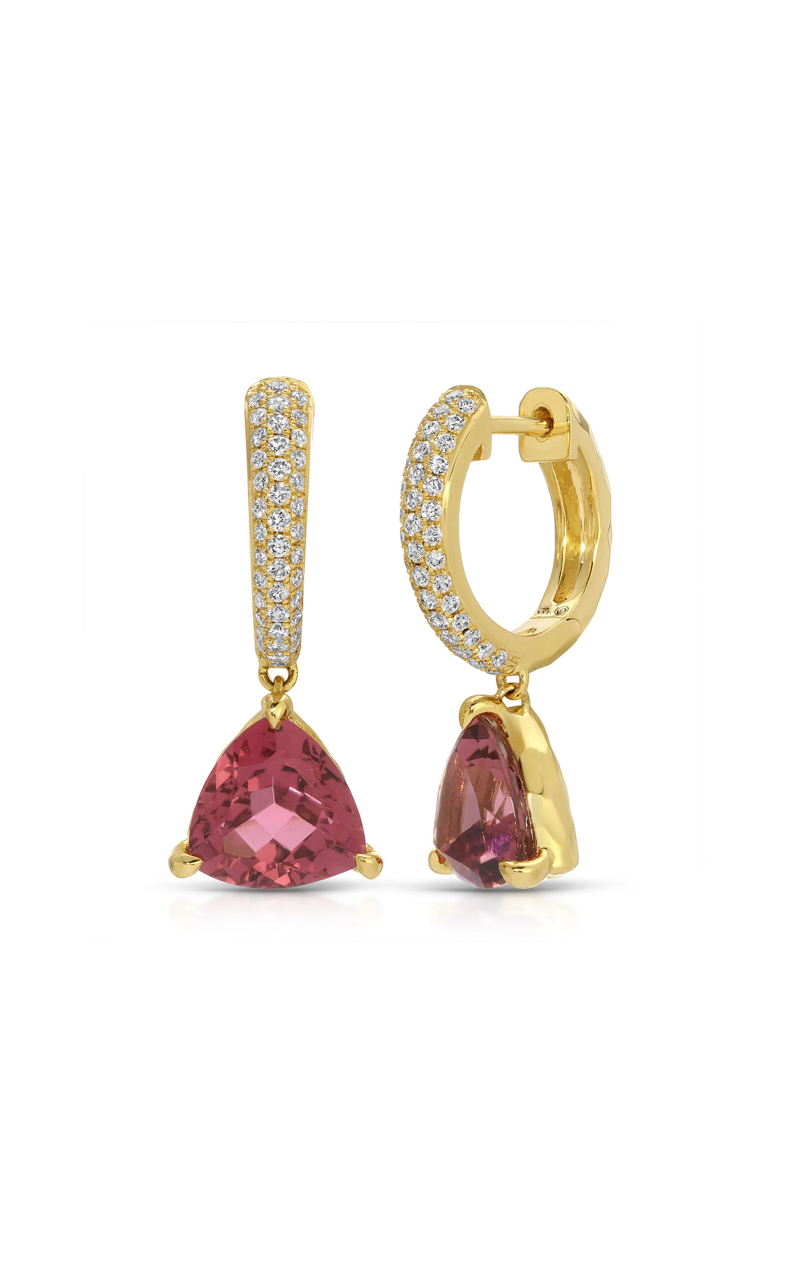 Shop Octavia Elizabeth Crescent Coast 18k Yellow Gold Tourmaline And Diamond Hoop Earrings In Pink