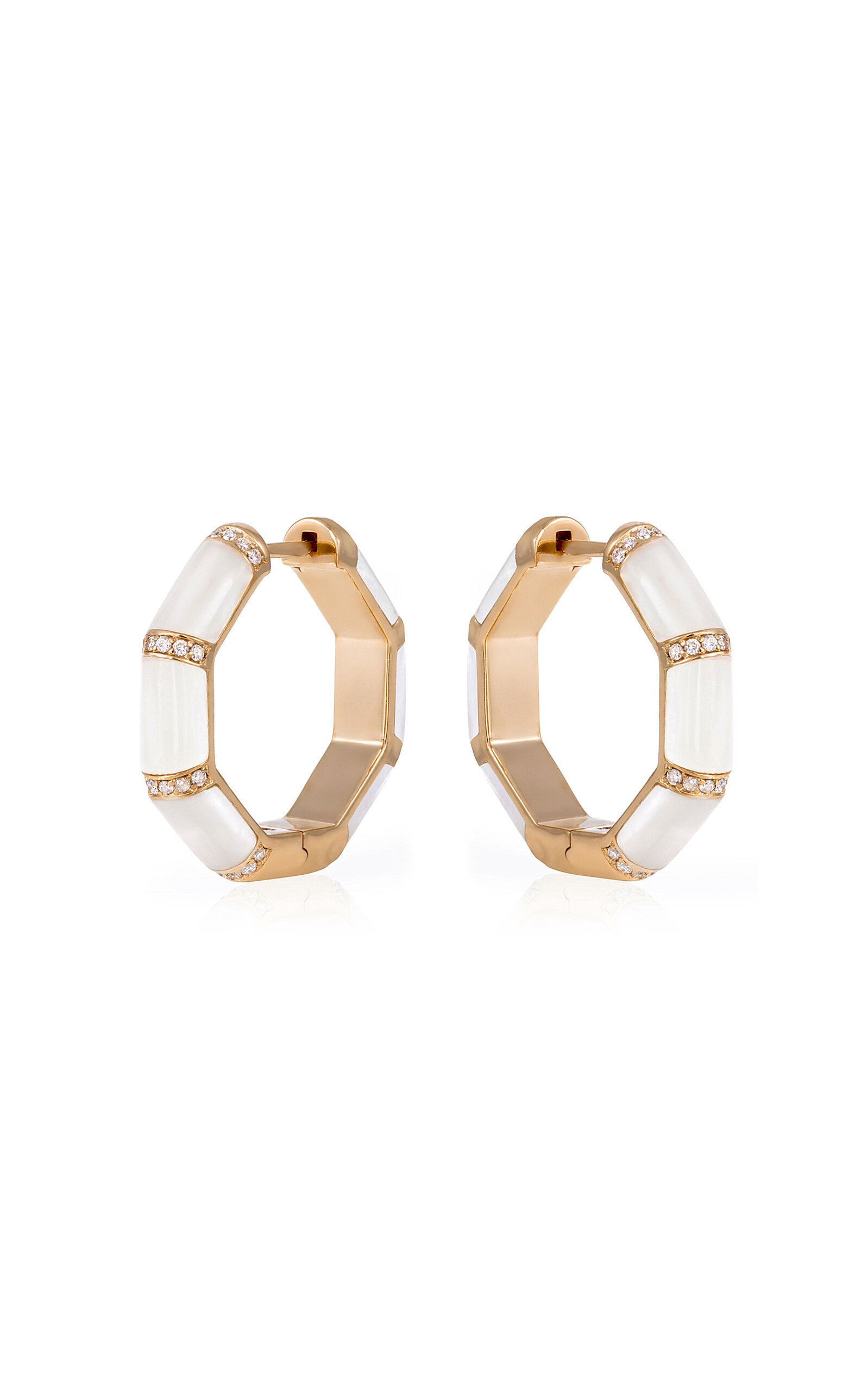 Shop L'atelier Nawbar Bamboo 18k Yellow Gold Mother-of-pearl; Diamond Hoop Earrings In White