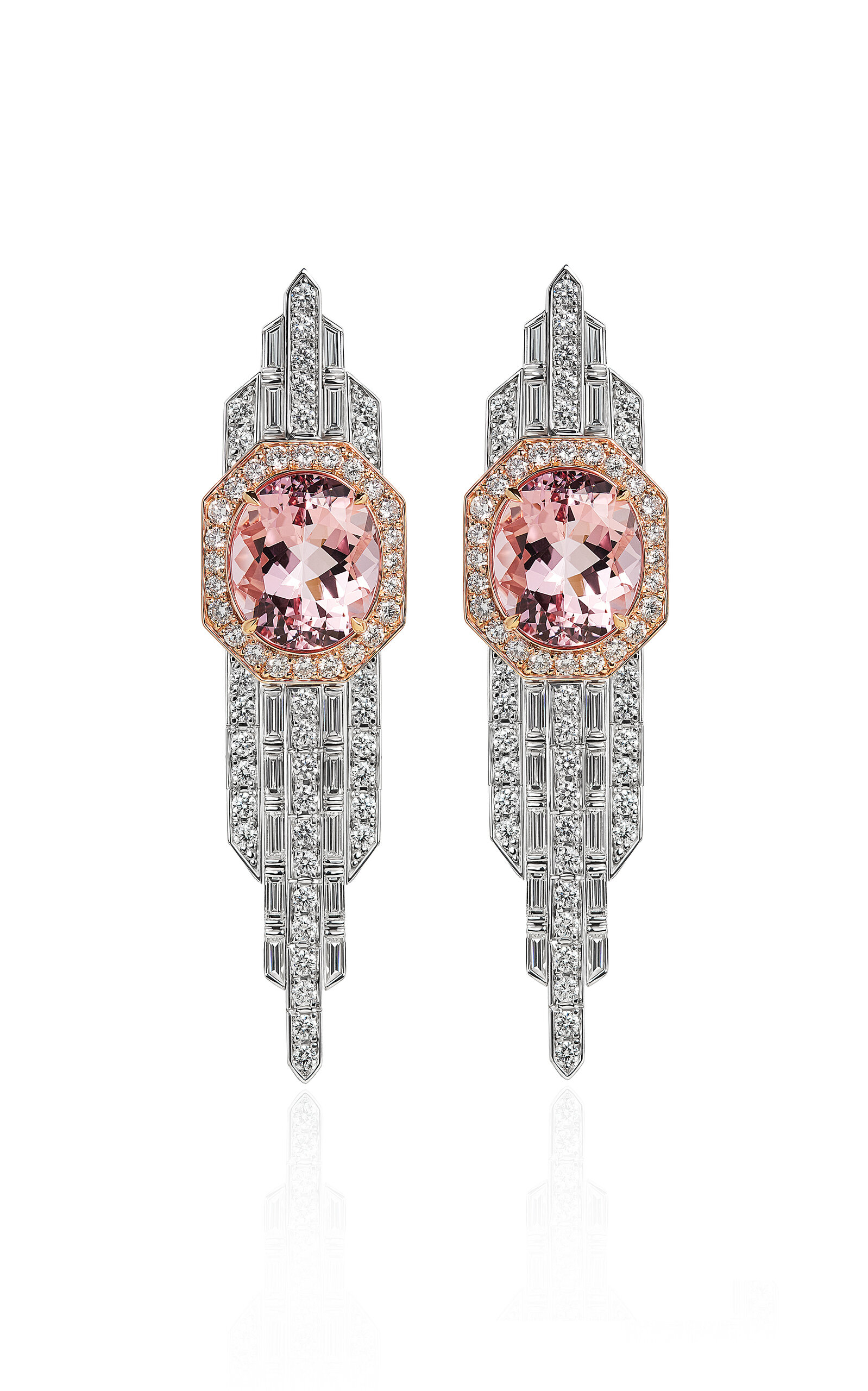 One of a Kind Deco Empire Platinum Diamond And Morganite Earrings