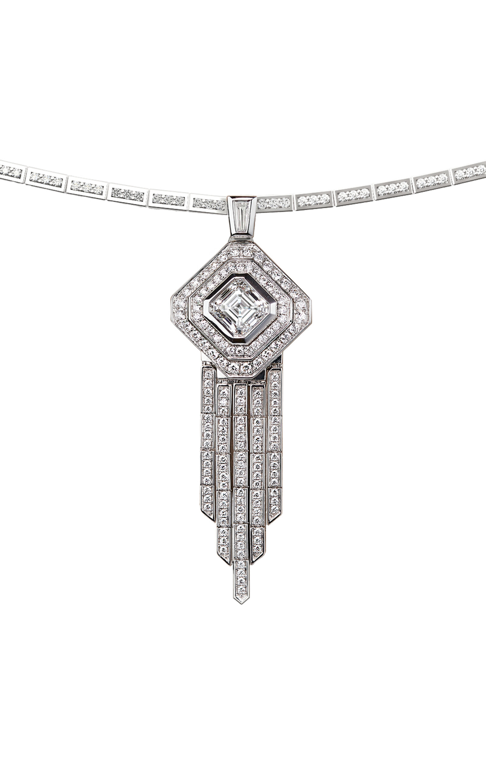 One of a Kind Deco Centennial Twenties Tassel 18K White Gold Diamond Necklace