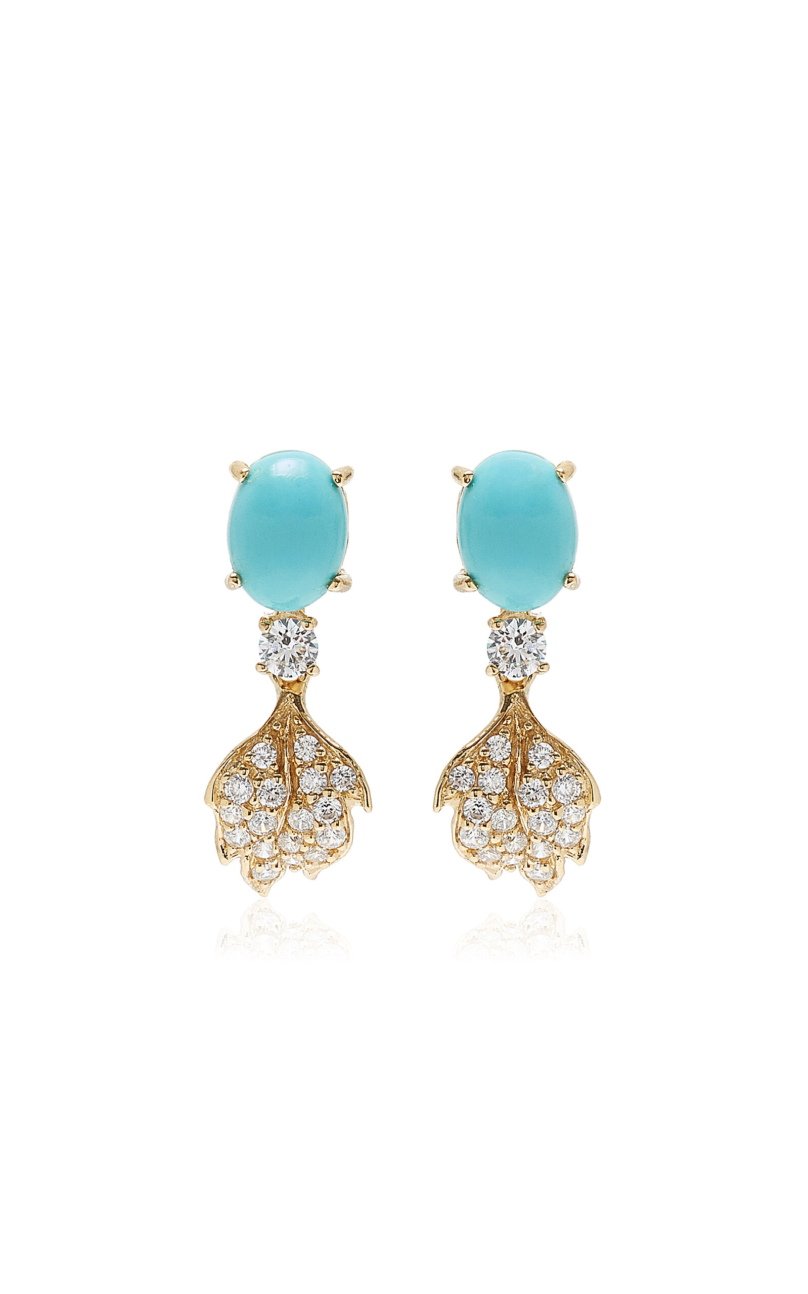 Leaf 18K Yellow Gold Diamond; Turquoise Earrings