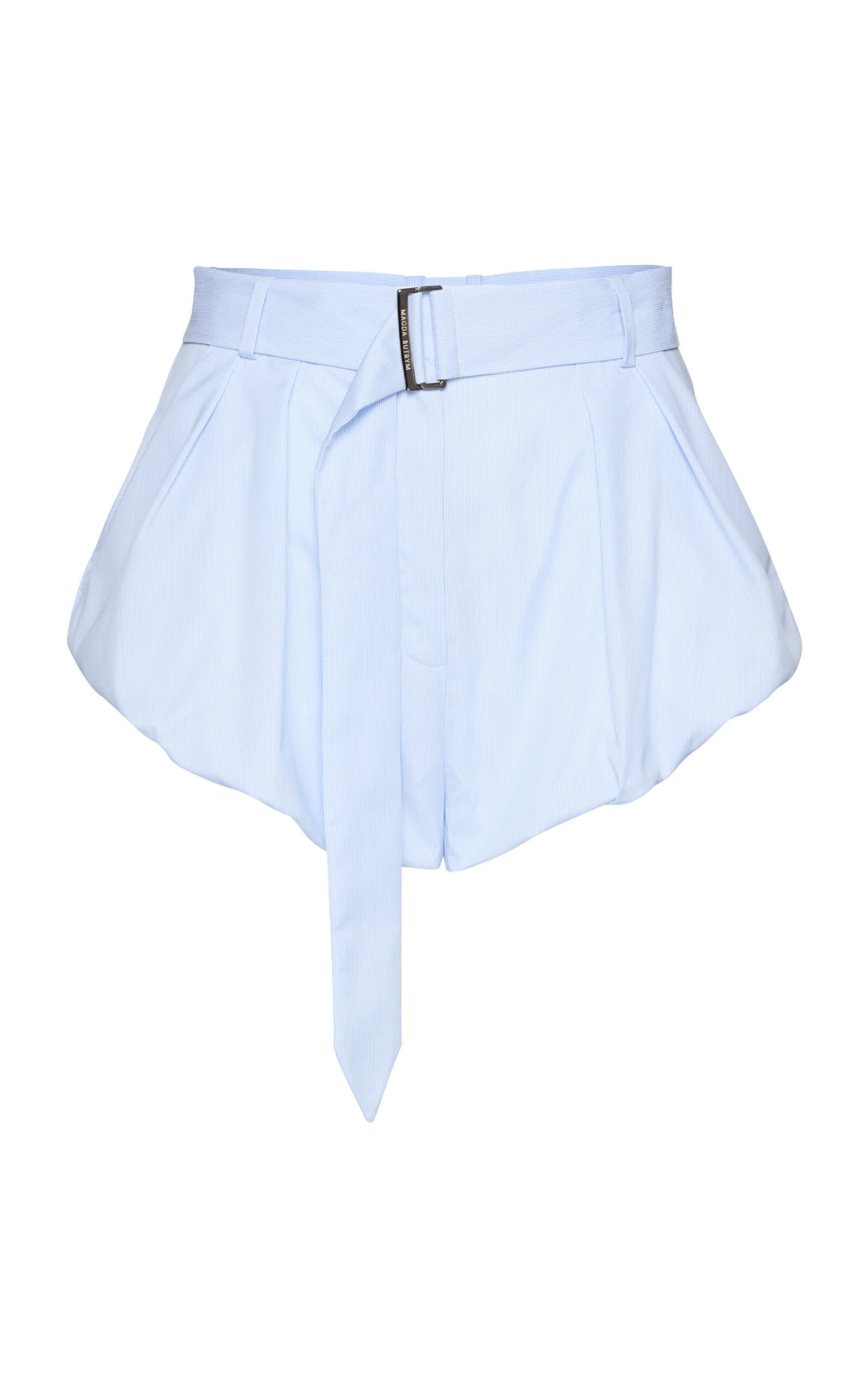 Shop Magda Butrym Belted High-rise Striped Cotton Shorts In Light Blue