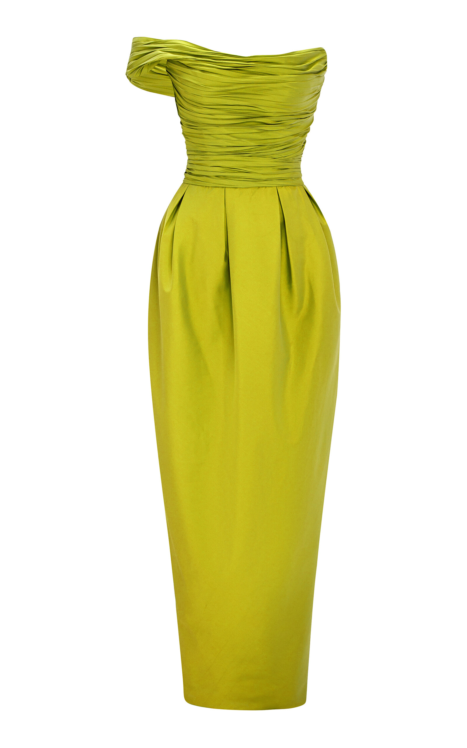 Shop Marmar Halim Column Pleated Taffeta Gown In Green