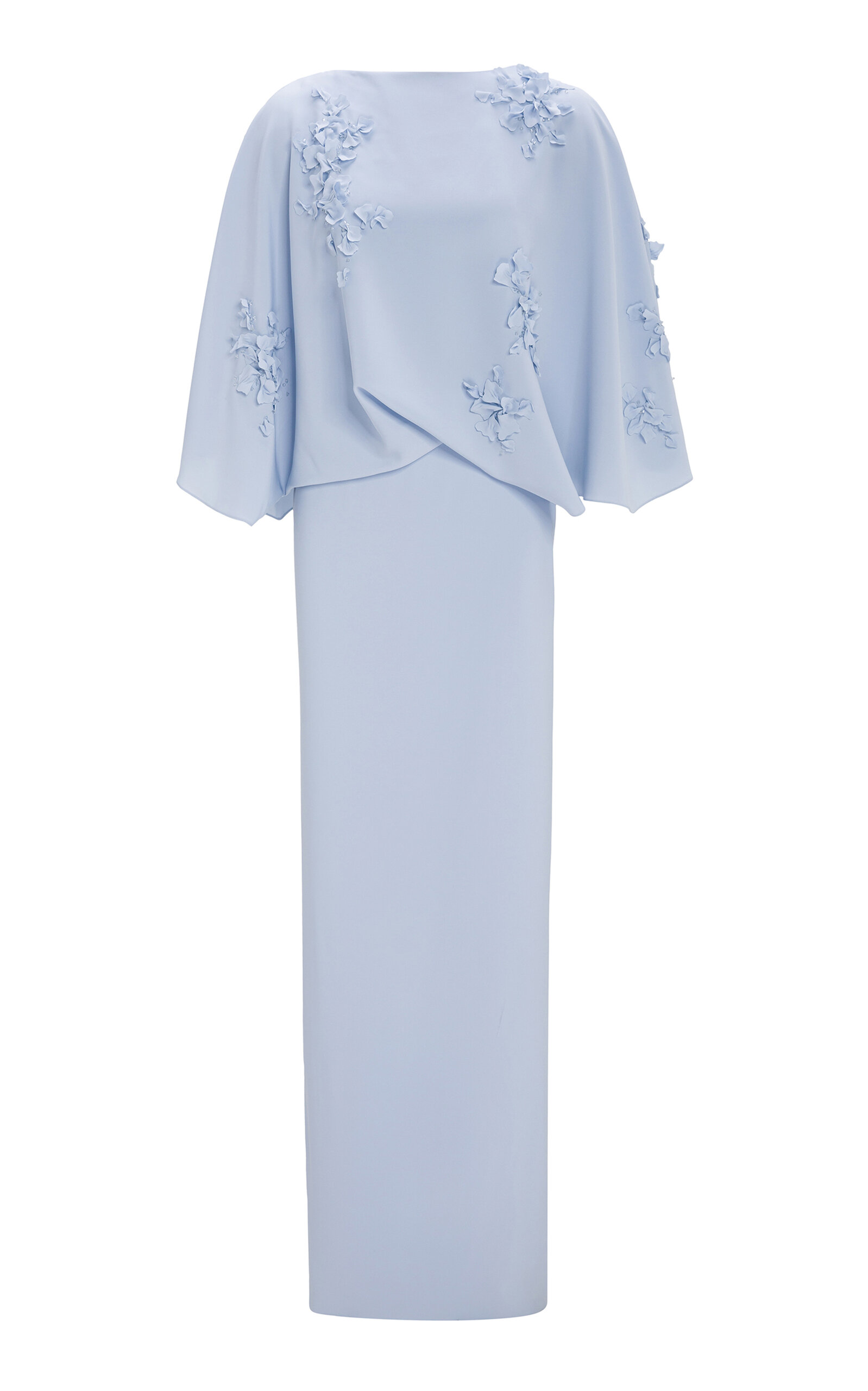 Shop Marmar Halim Floral Appliqued Crepe Cape Gown In Light Blue