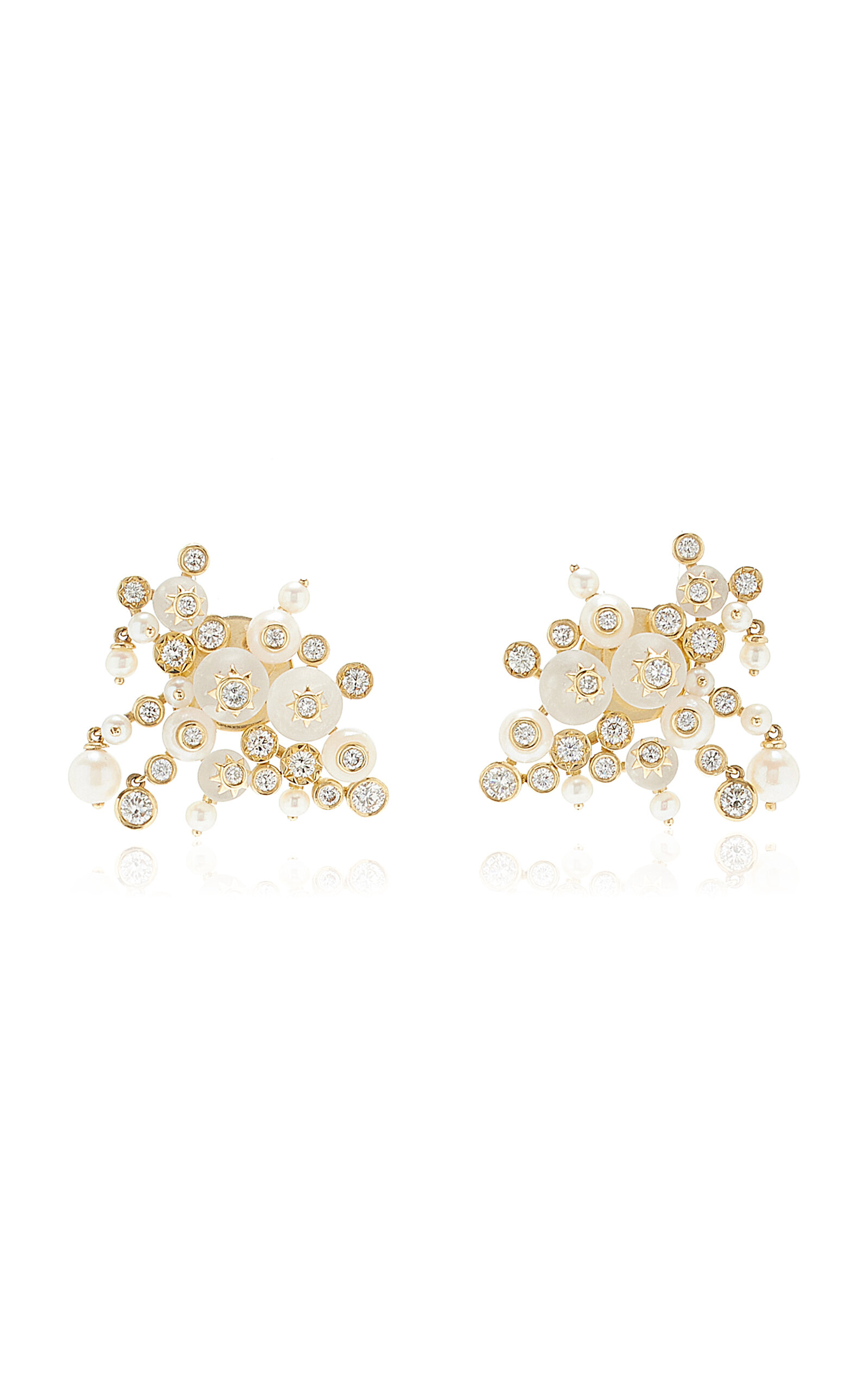 Star Cluster 18K Yellow Gold Crystal; Pearl; Diamond Earrings