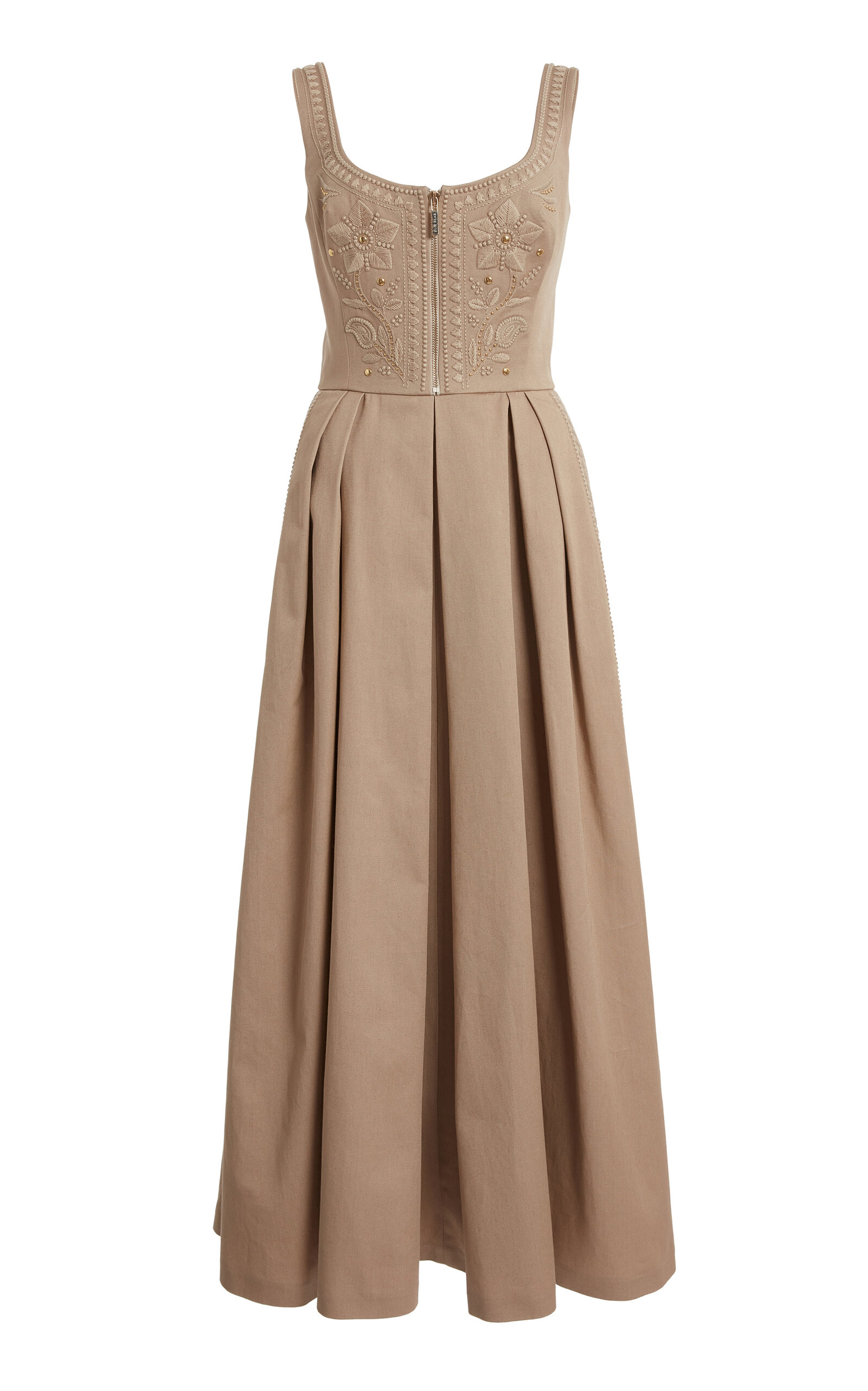 Shop Elie Saab Embroidered Gabardine Midi Dress In Light Grey