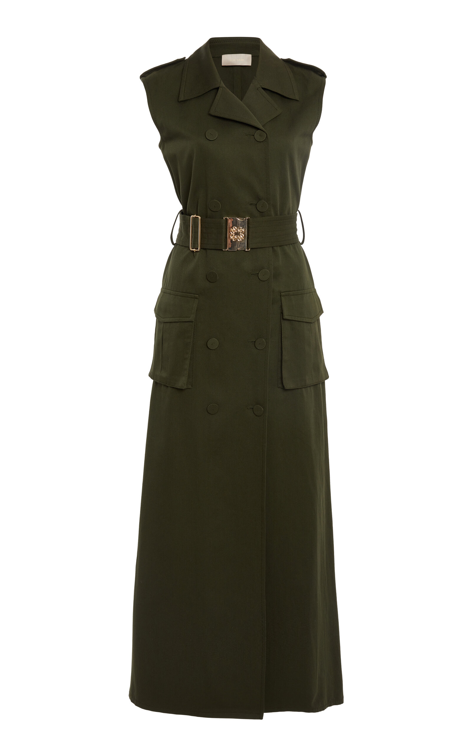 Shop Elie Saab Belted Gabardine Maxi Dress In Dark Green