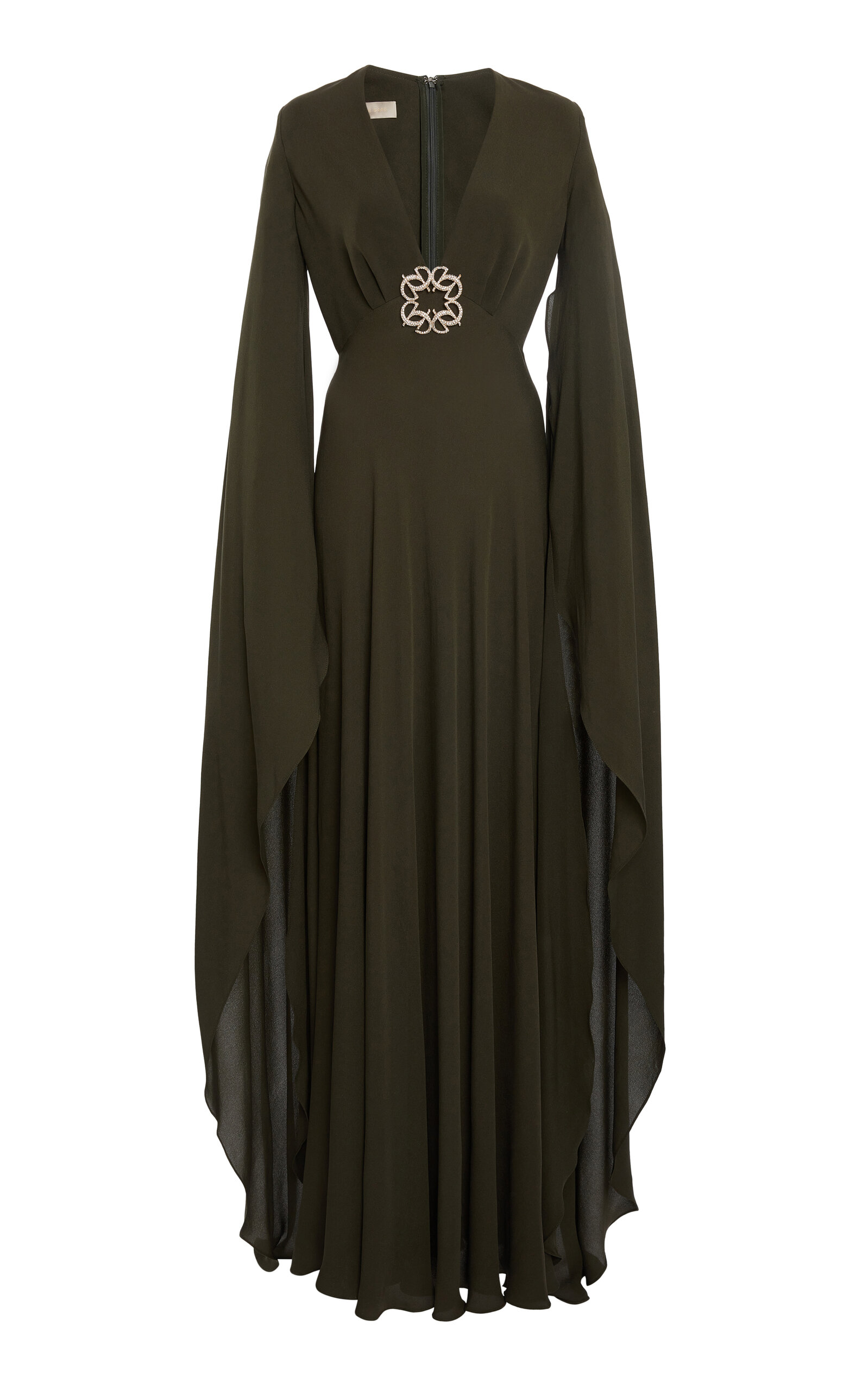 Shop Elie Saab Capelet Silk Maxi Dress In Dark Green