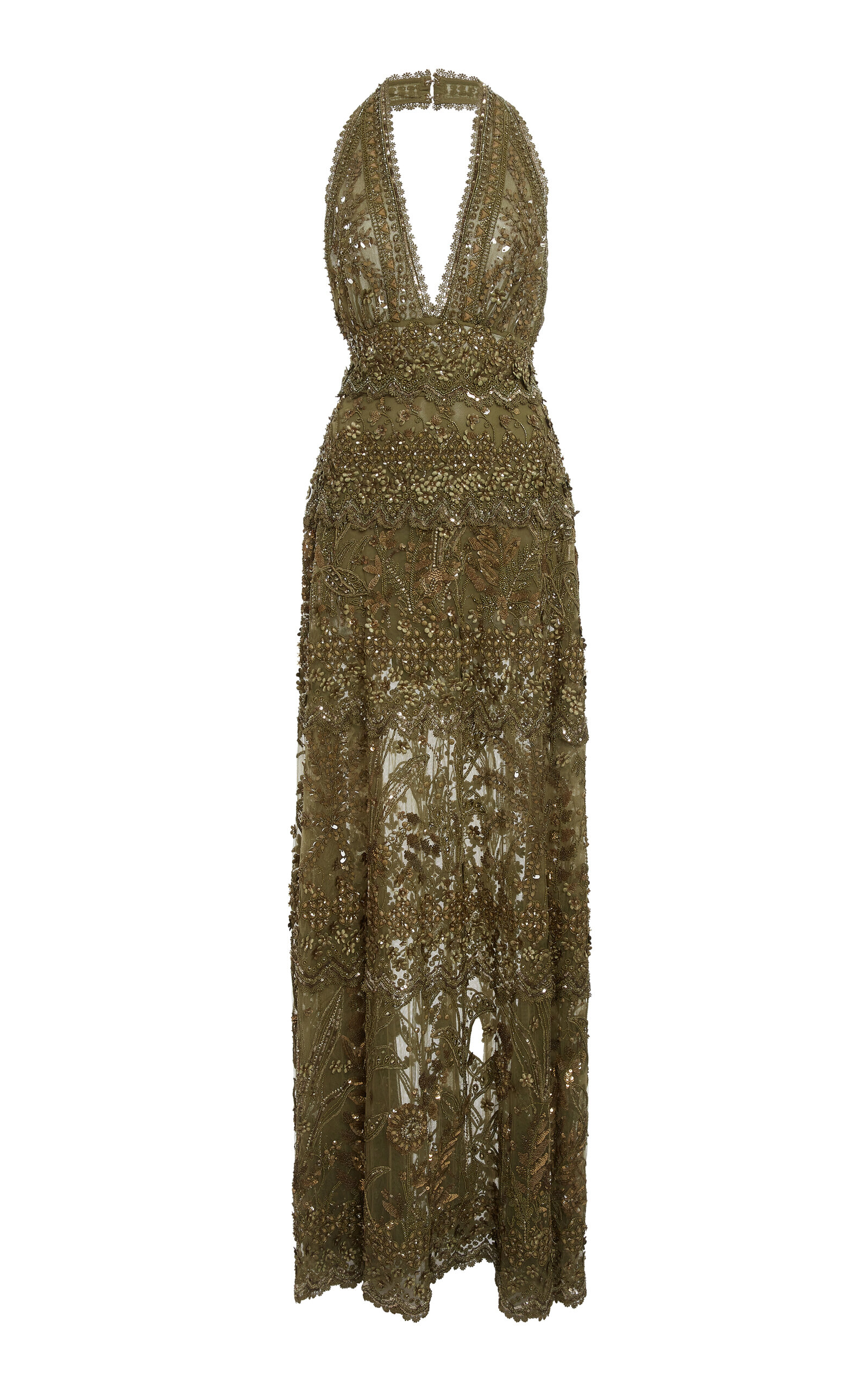 Shop Elie Saab Beaded Halter Maxi Dress In Dark Green