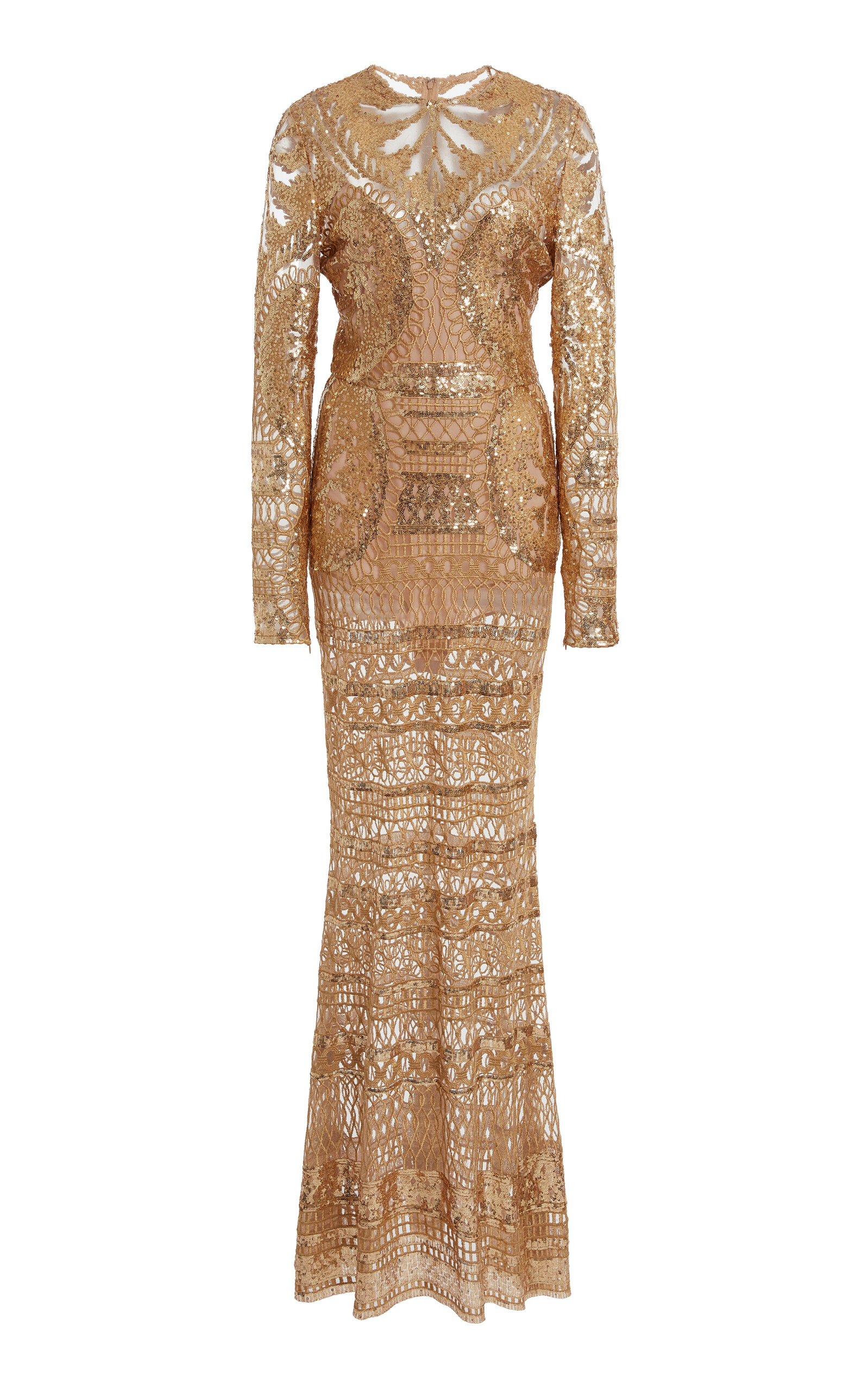 Shop Elie Saab Embroidered Long Sleeve Dress In Gold