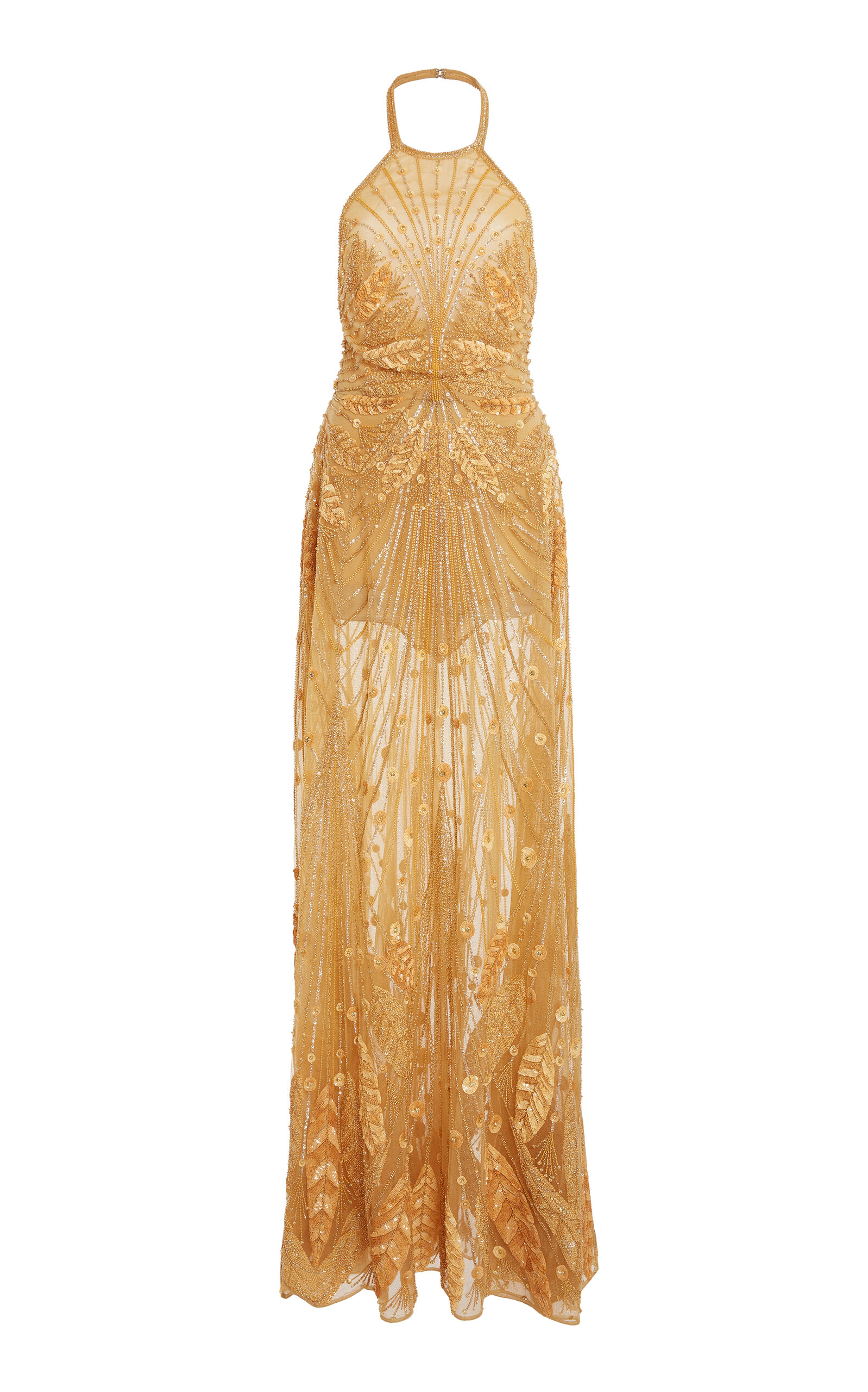 Shop Elie Saab Beaded Halter Maxi Dress In Gold