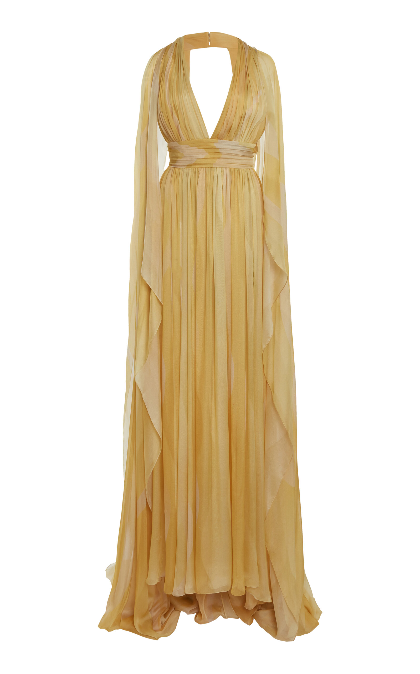 Shop Elie Saab Capelet Printed Silk Gown In Gold