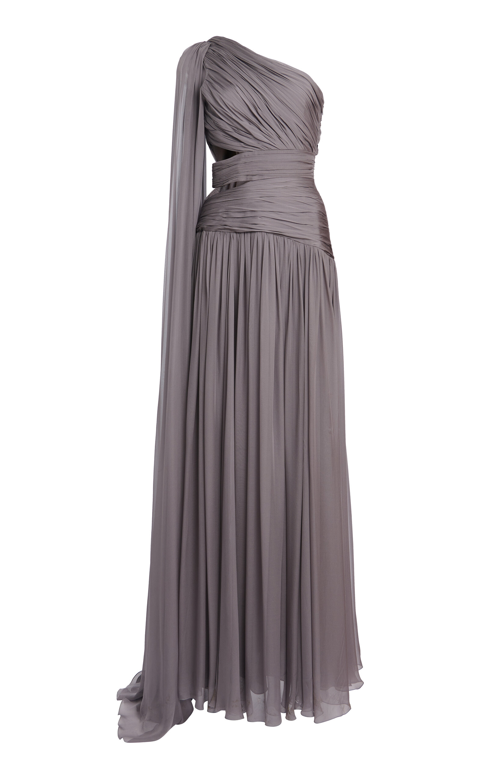 Shop Zuhair Murad One Shoulder Draped Silk Gown In Grey