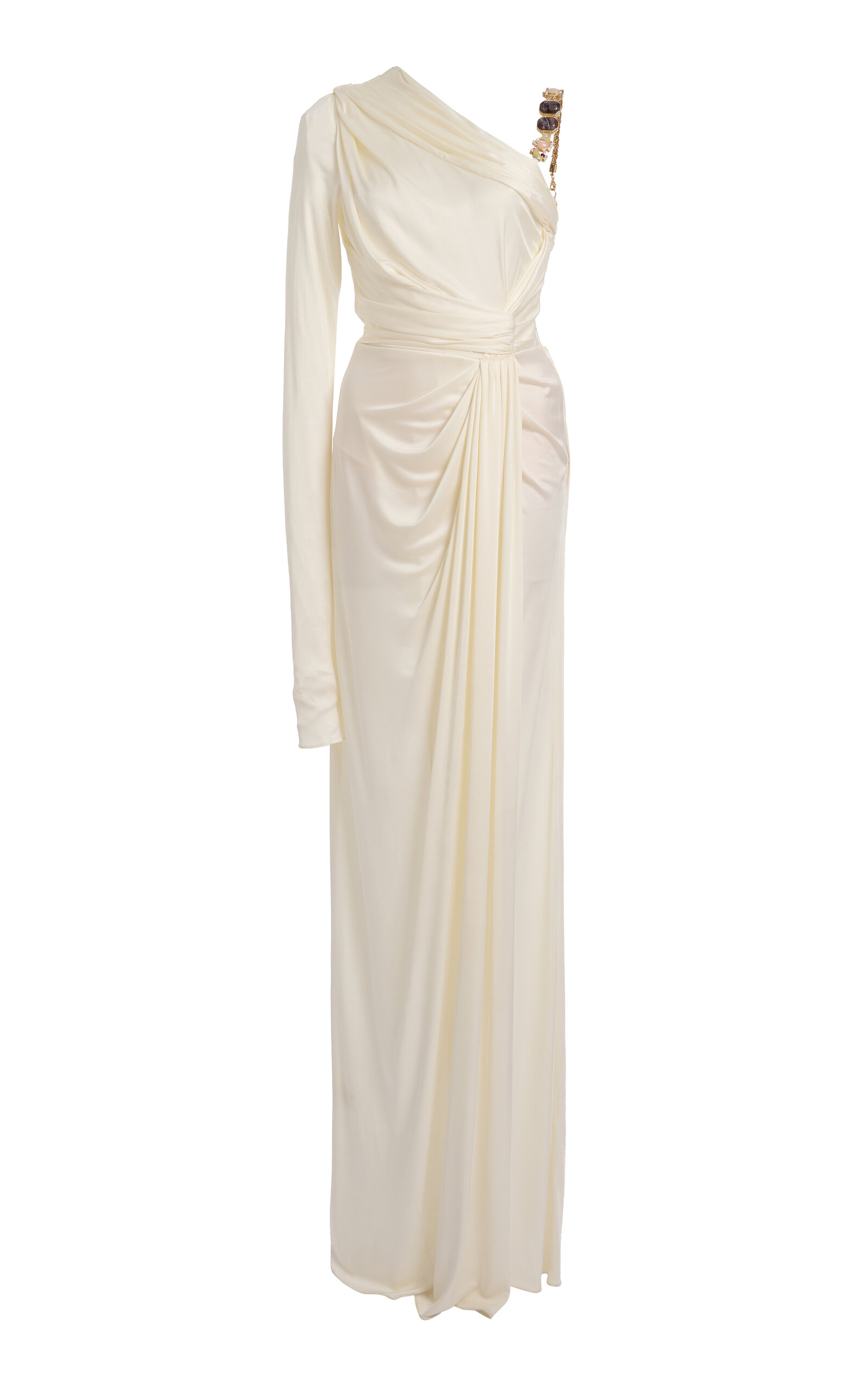 Shop Zuhair Murad One Shoulder Draped Embellished Gown In White