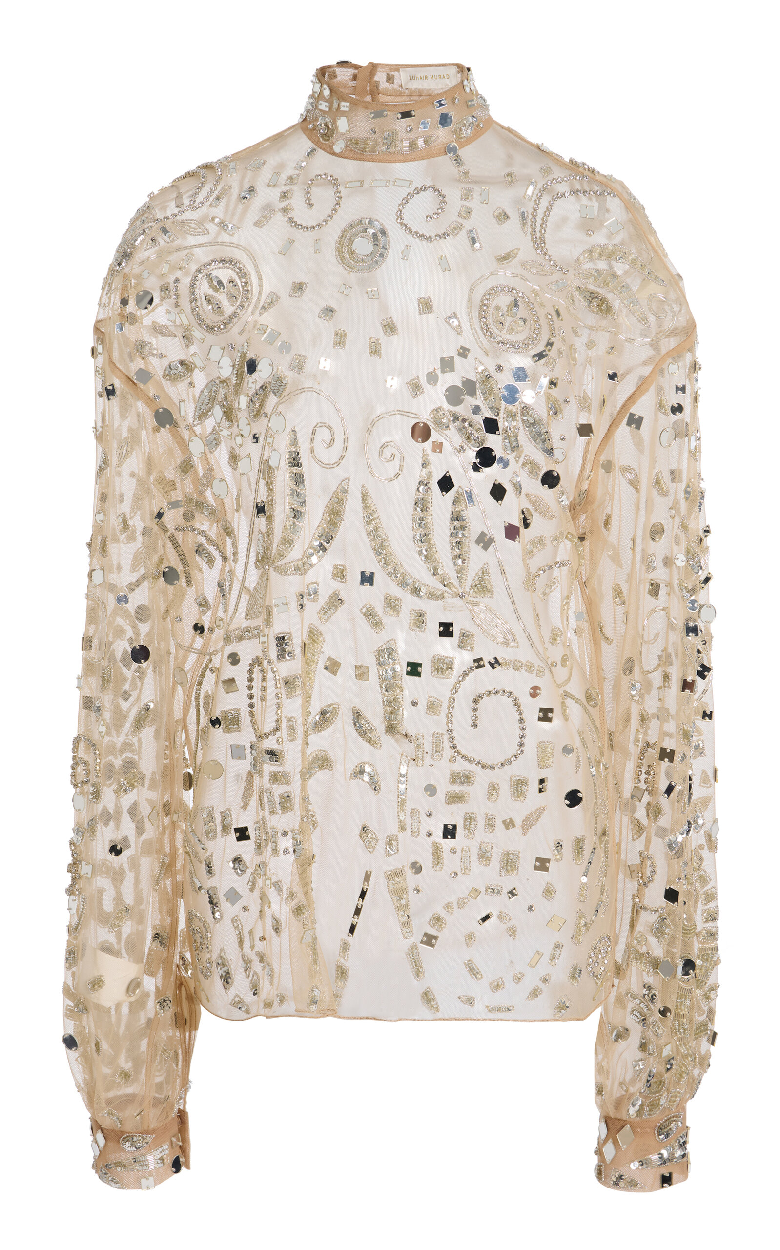 Shop Zuhair Murad Sheer Embellished Long Sleeve High Neck Blouse In Silver