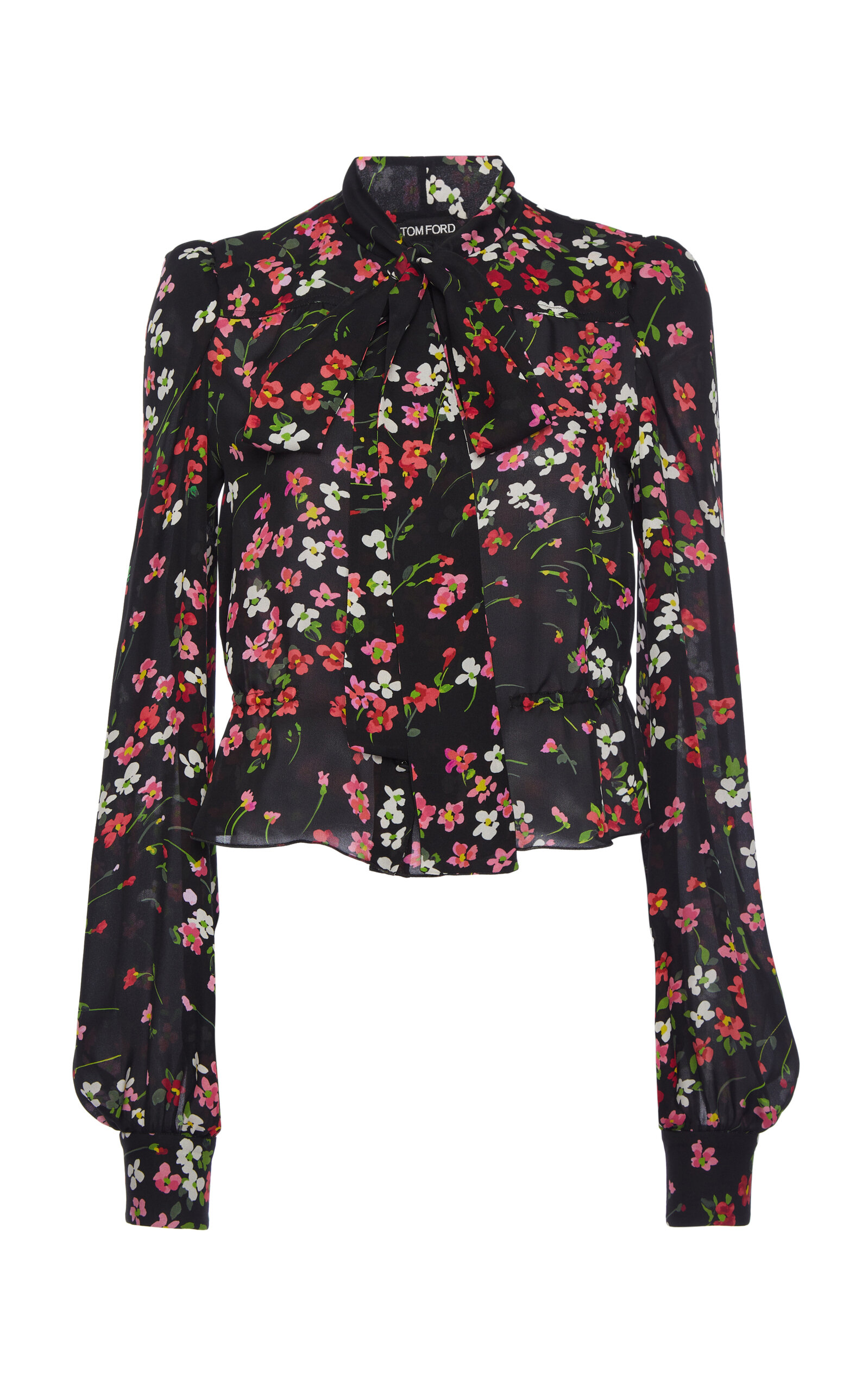 Tom Ford Printed Tie-neck Crepe De Chine Blouse In Black