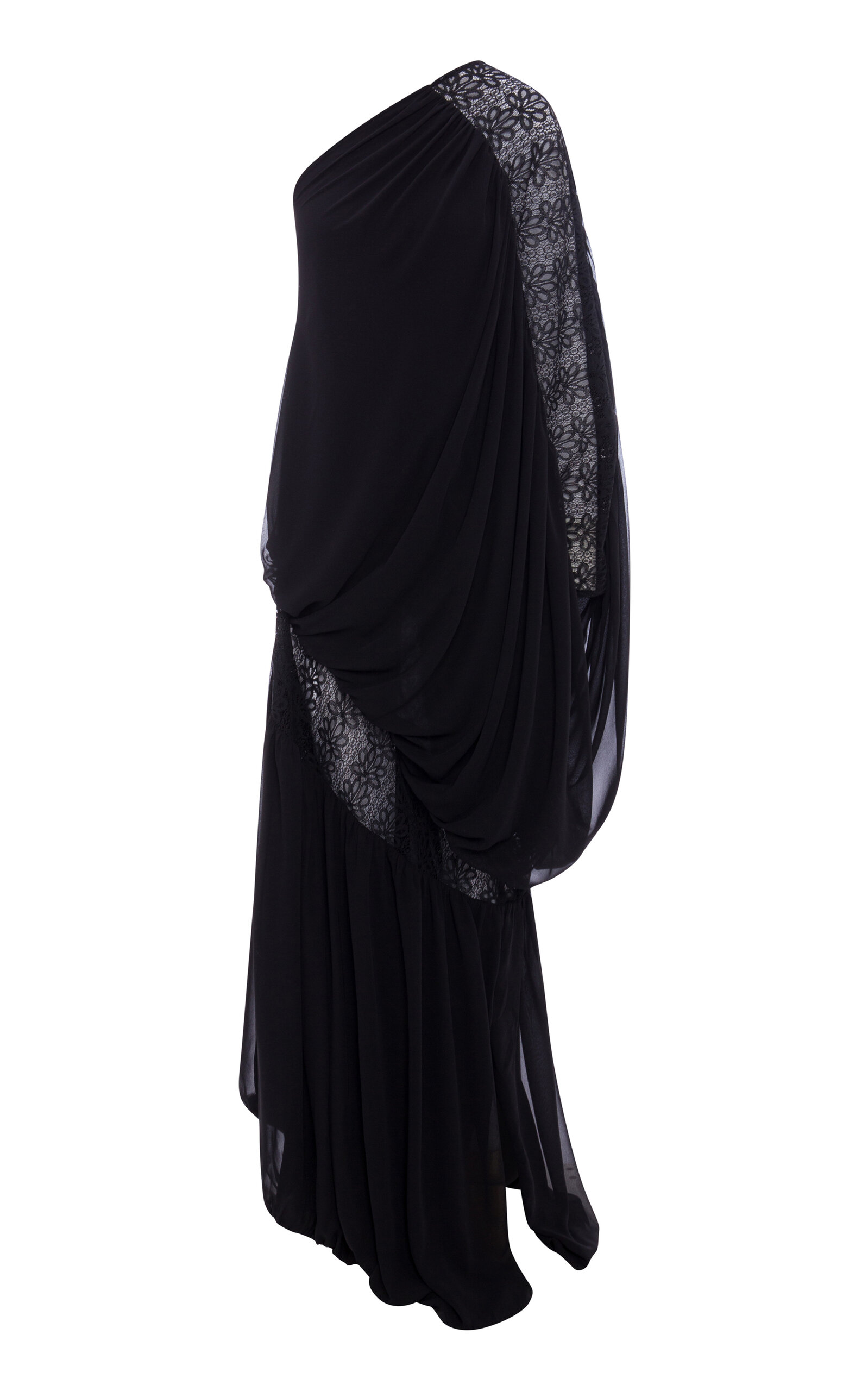 Shop Dima Ayad Single-shoulder Lace Georgette Dress In Black