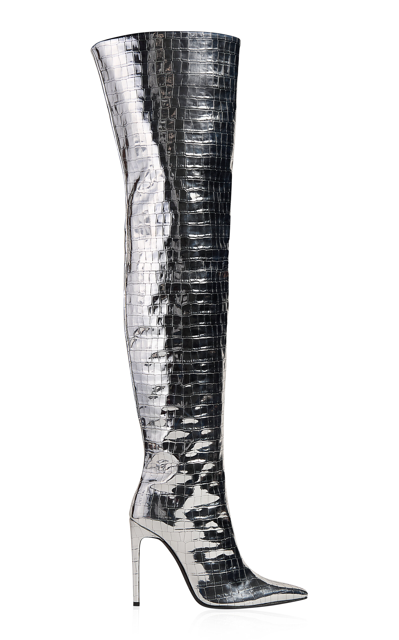 Shop The New Arrivals Ilkyaz Ozel Ilkyaz Croc-effect Leather Over The Knee Boots In Silver