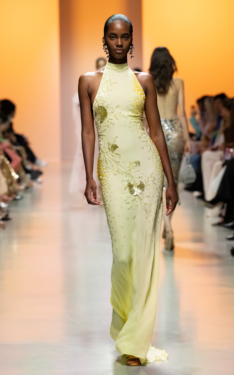 Shop Georges Hobeika Embellished Georgette Halter Maxi Dress In Yellow