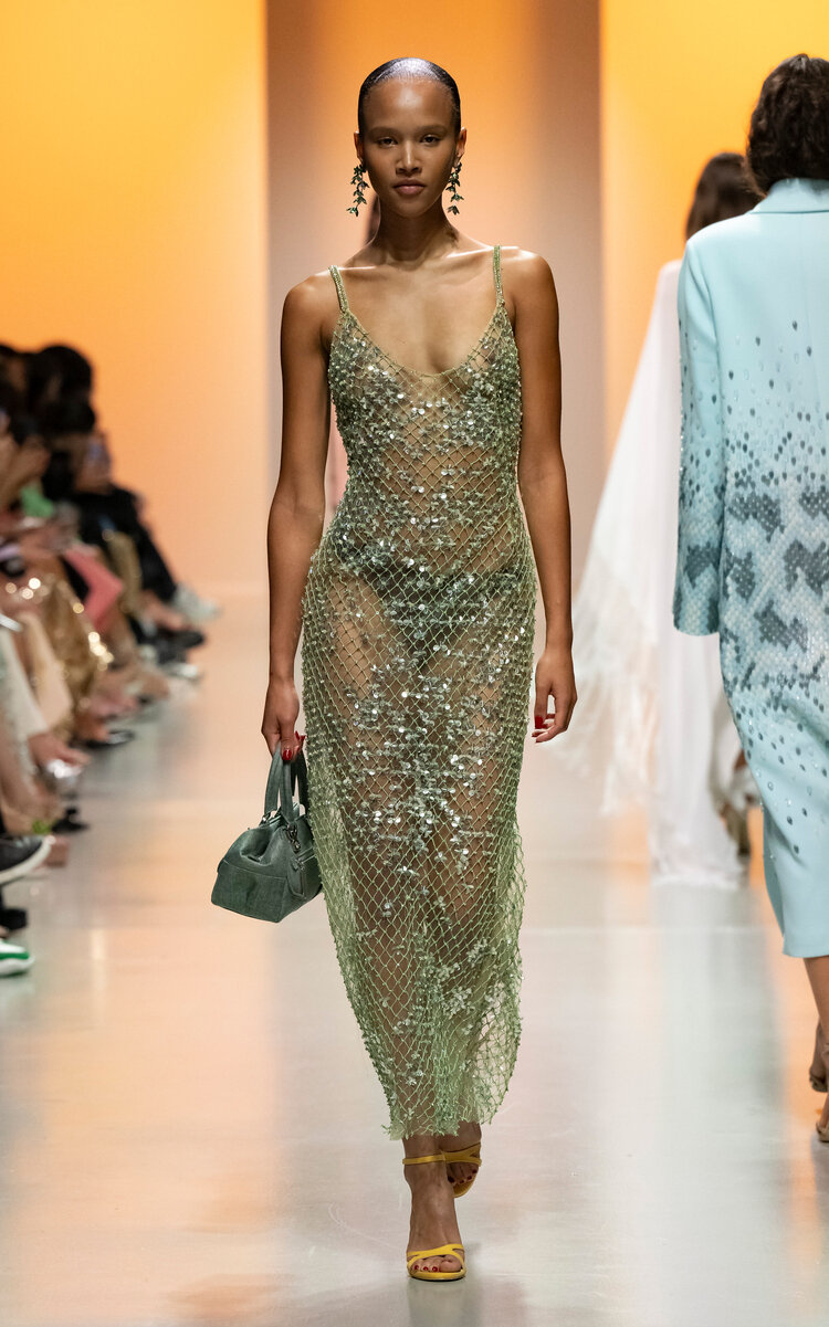 Shop Georges Hobeika Embellished Netted Maxi Dress In Green