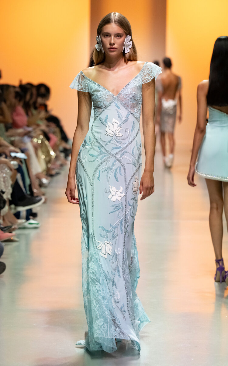 Shop Georges Hobeika Lace-paneled Geogette Maxi Dress In Blue