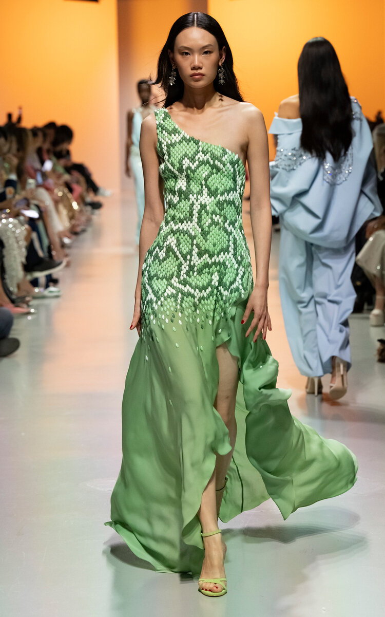 Shop Georges Hobeika Asymmetric Embellished Georgette Gown In Green