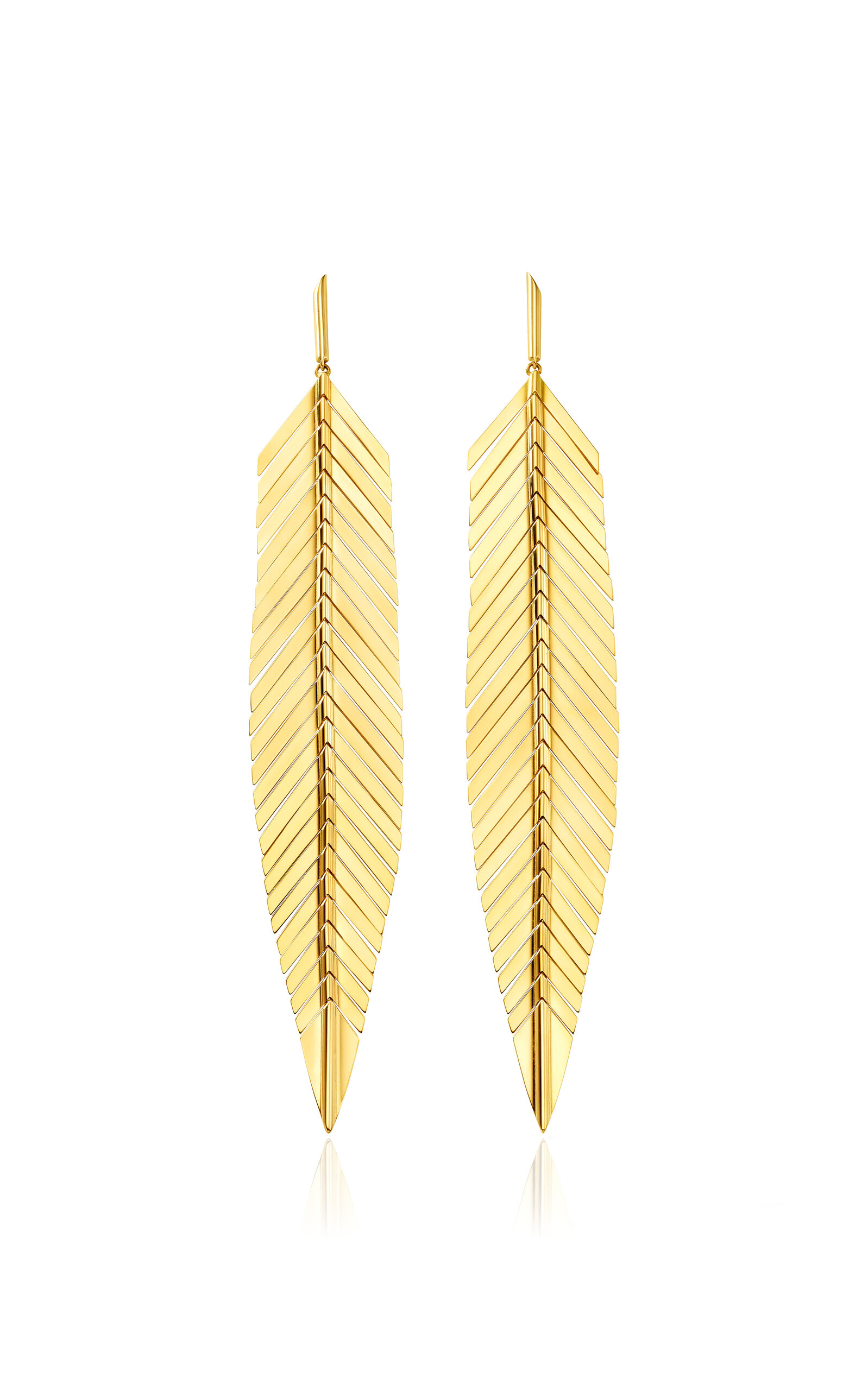 18K Yellow Gold Feather Drop Earrings Large