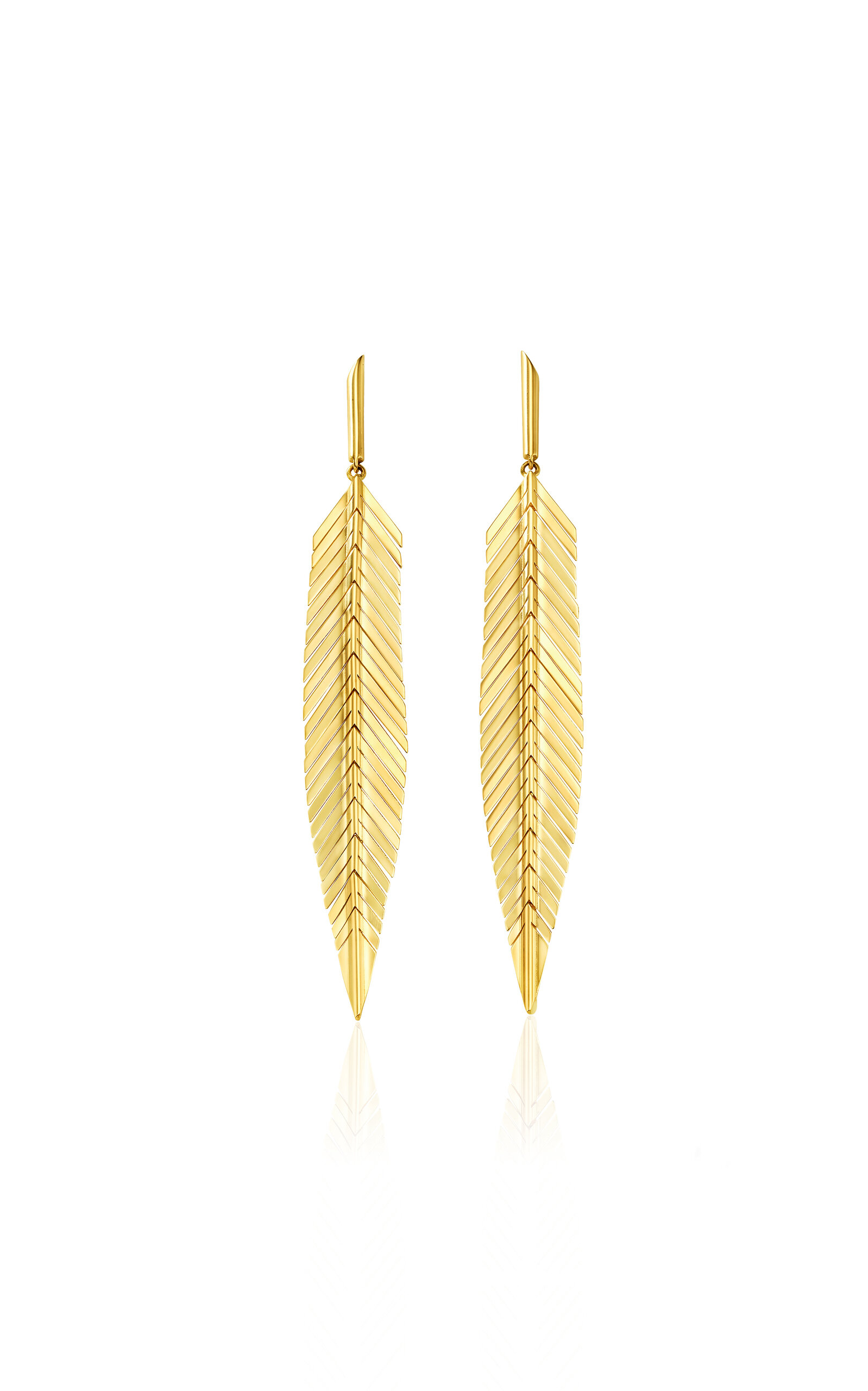 18K Yellow Gold Feather Drop Earrings Medium