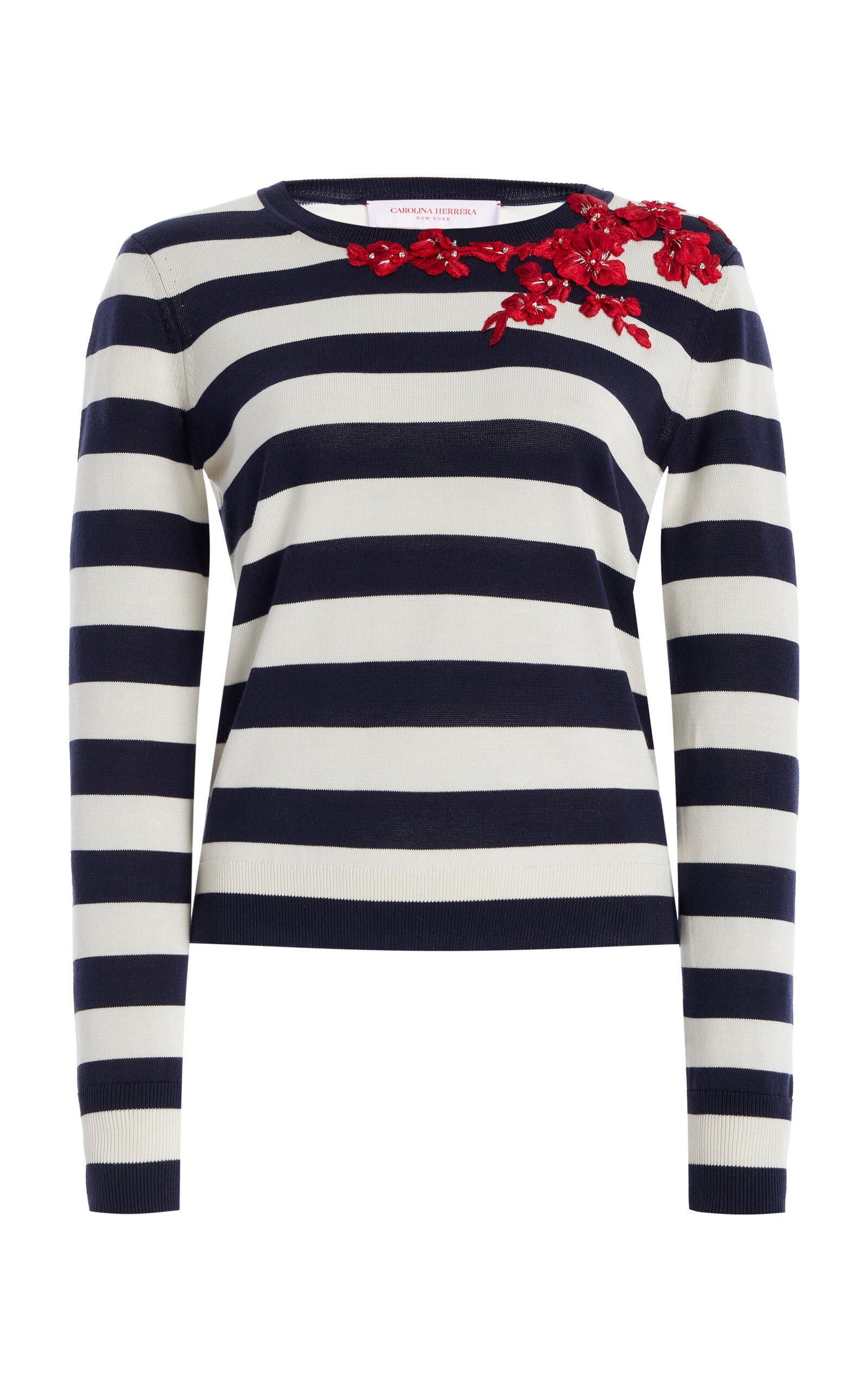 Shop Carolina Herrera Embellished Knit Silk-cotton Sweater In Stripe