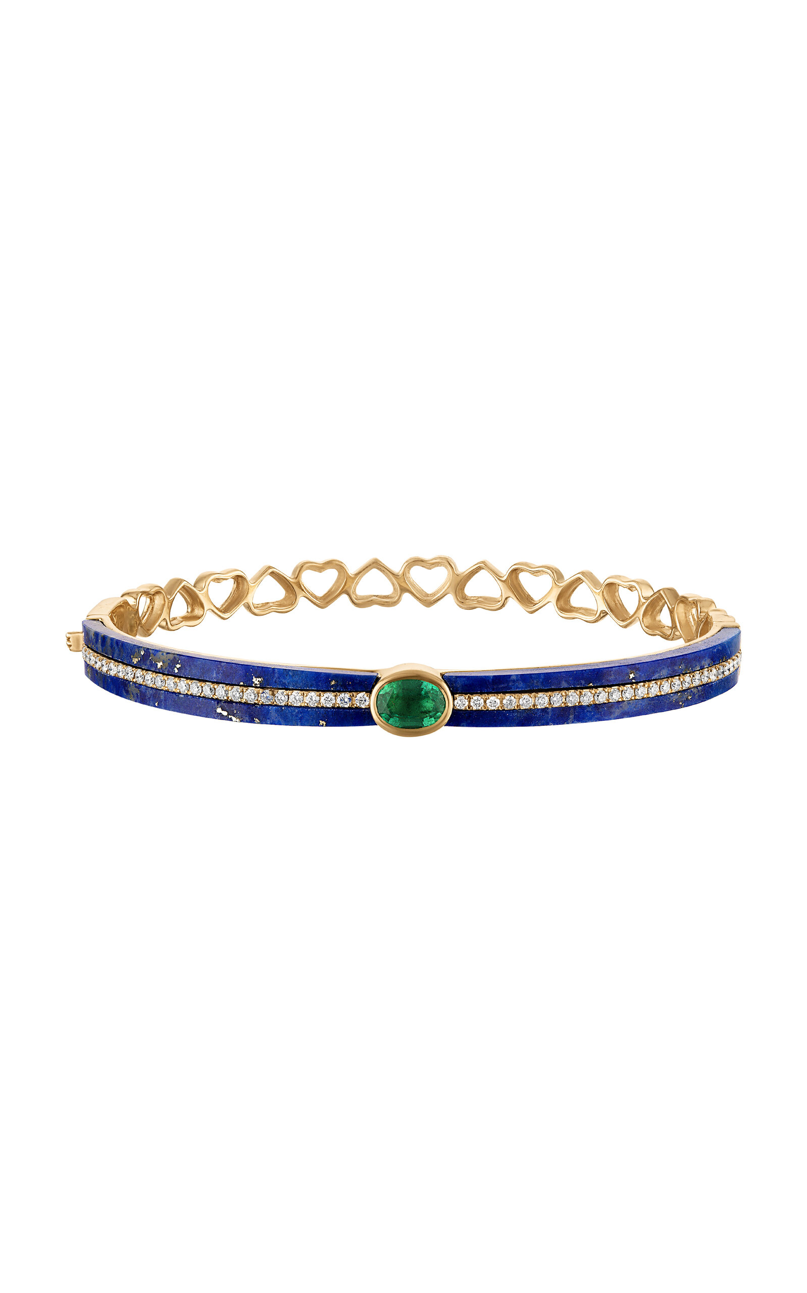 Knock On Lapis Love 14K Yellow Gold Diamond And Emerald Bangle