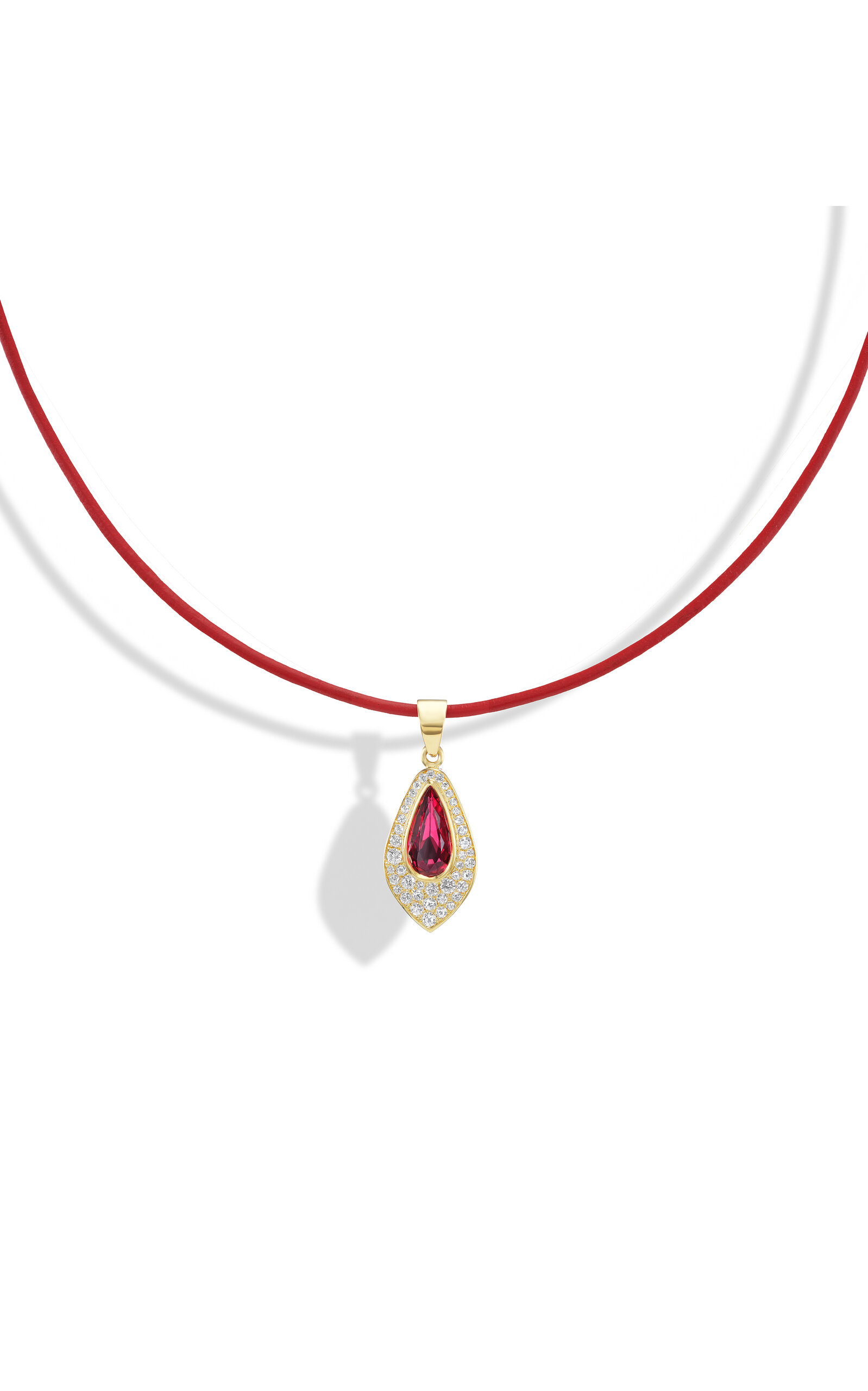 18k Yellow Gold Ruby Pear with Cobblestone on Cord