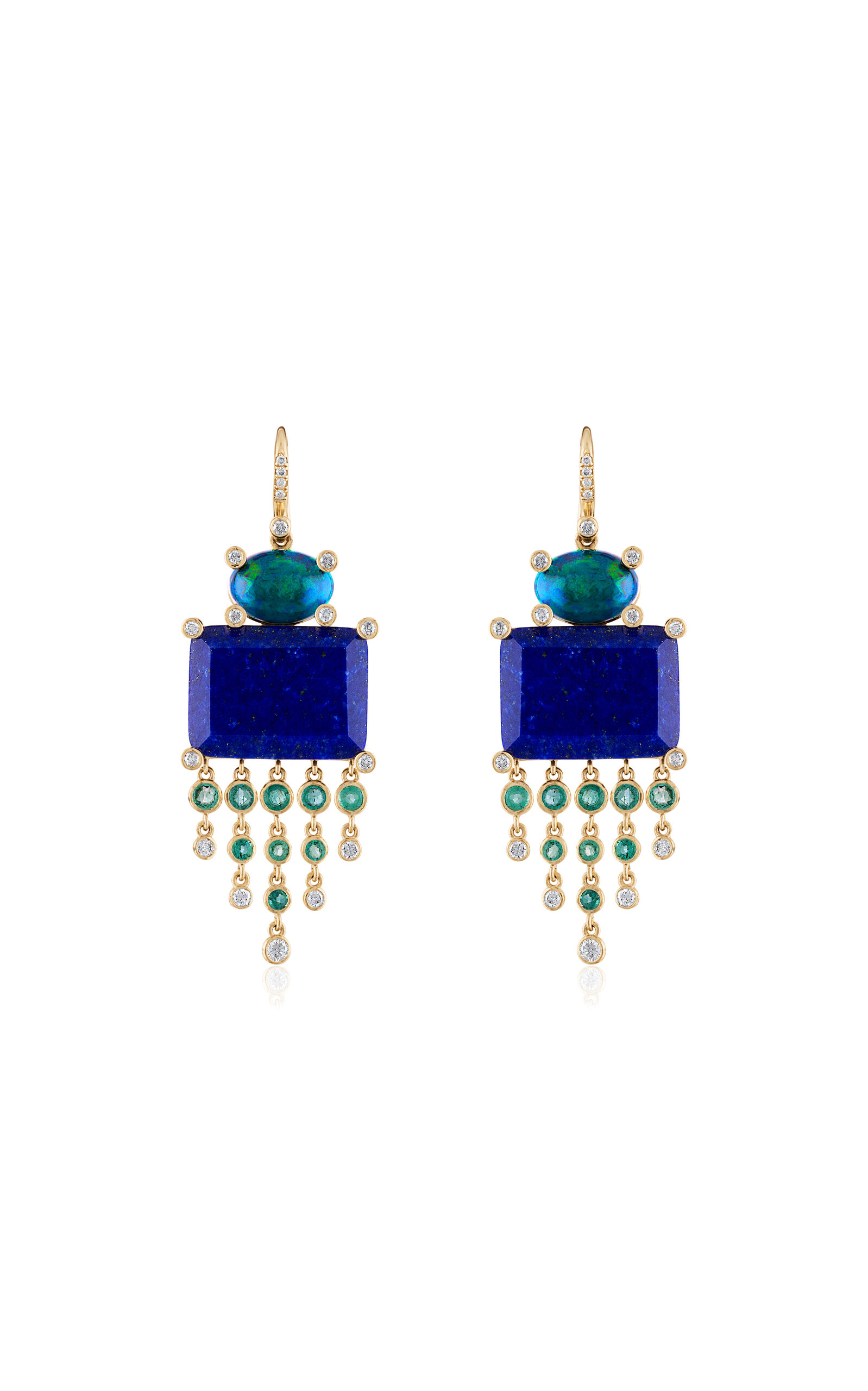 14k Yellow Gold Lapis Opal Emerald Diamond Earrings