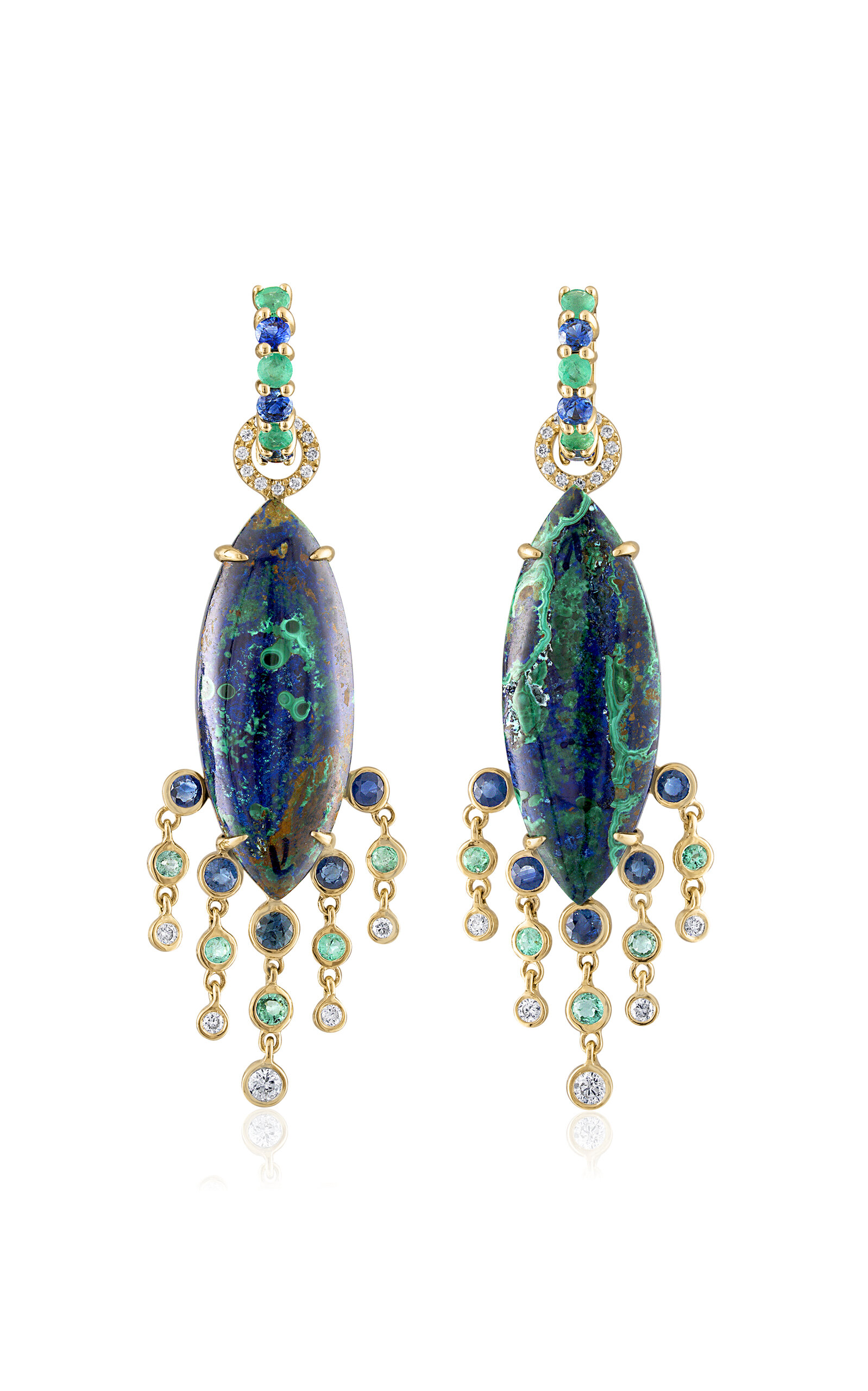 14k Yellow Gold Malachite Azurite Emerald Sapphire Drop Earrings