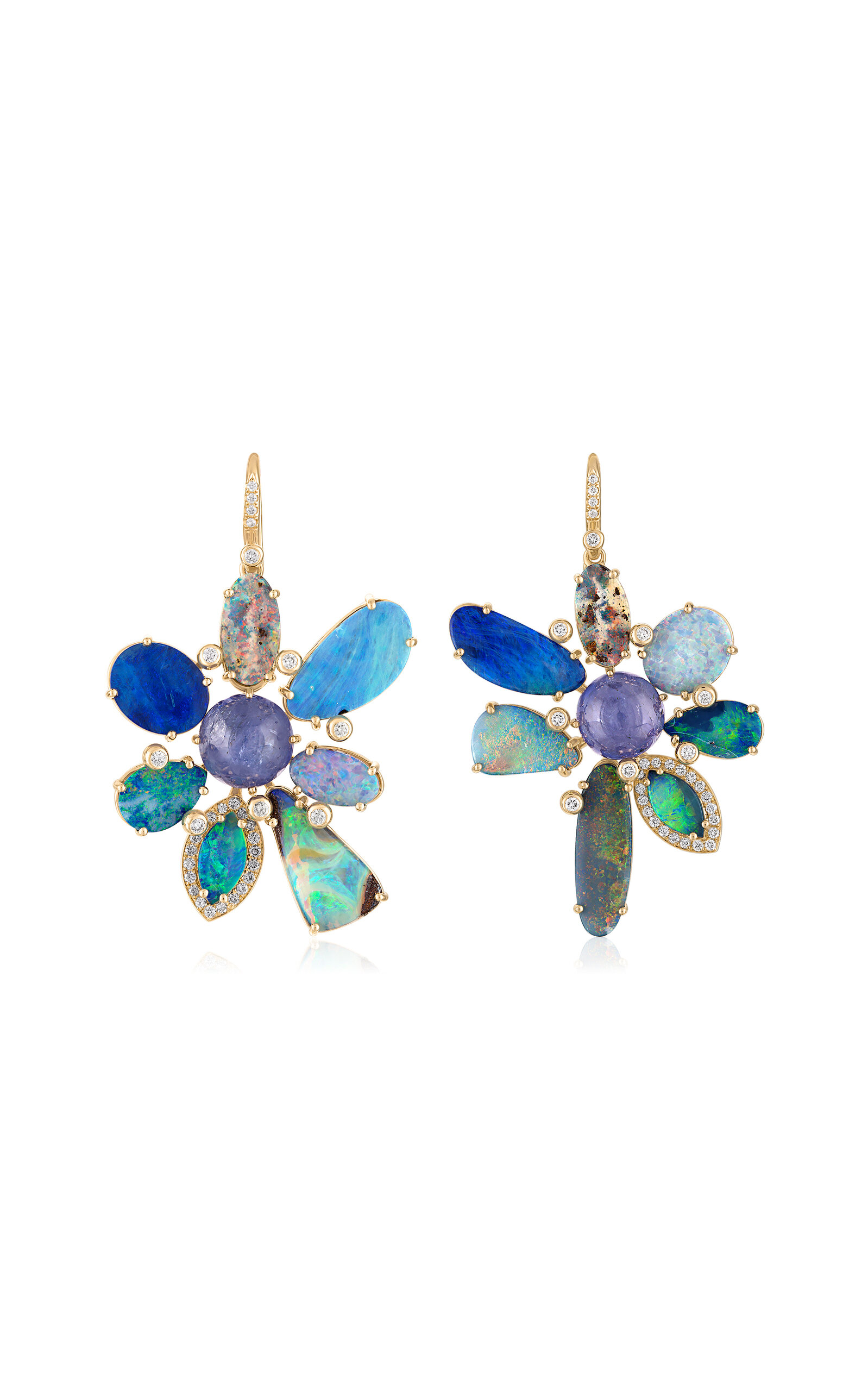 14k Yellow Gold Boulder Opal; Tanzanite Diamond Earrings