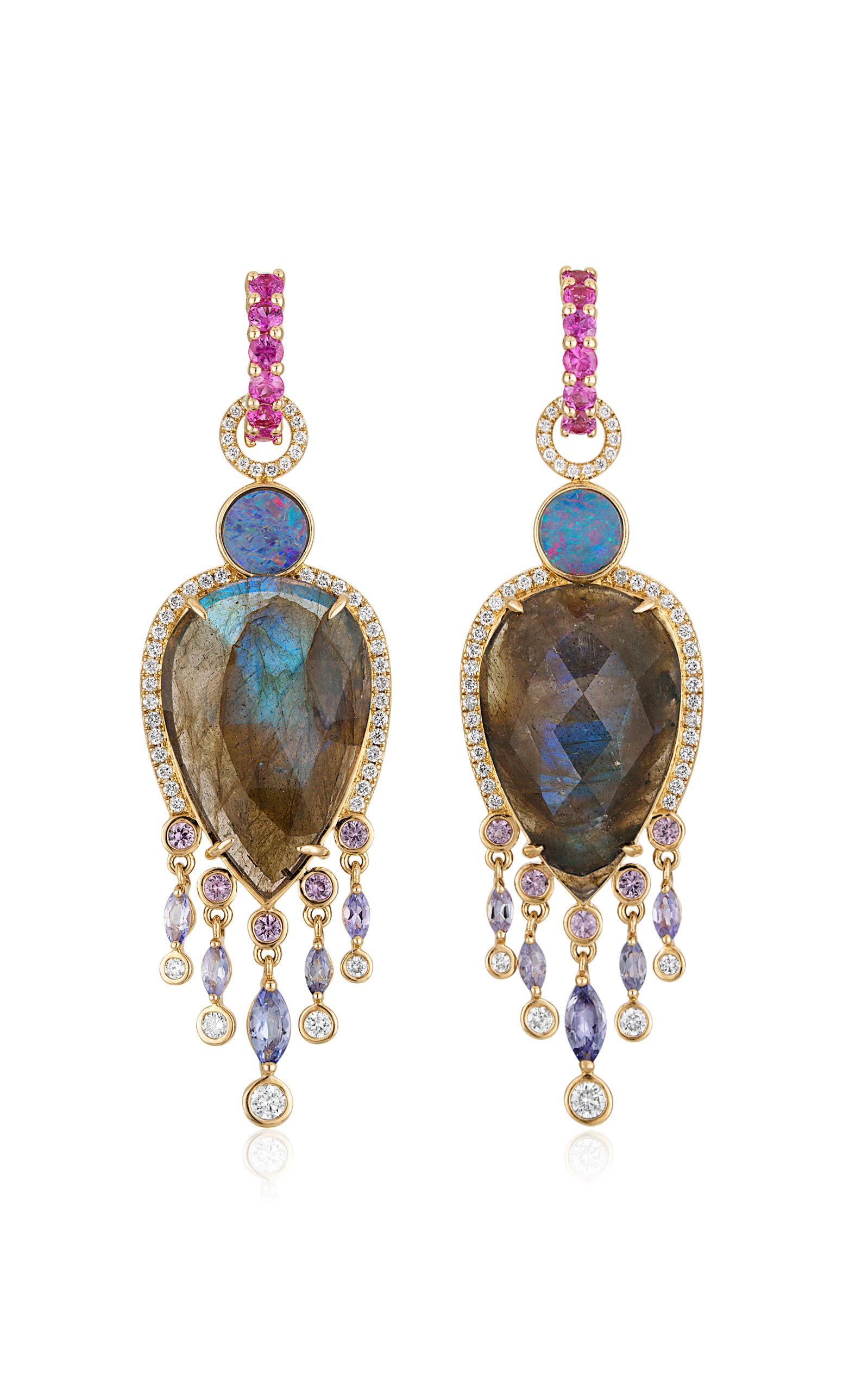 14k Yellow Gold Labradorite; Boulder Opal; Tanzanite Diamond Drops and Pink Sapphire Huggies