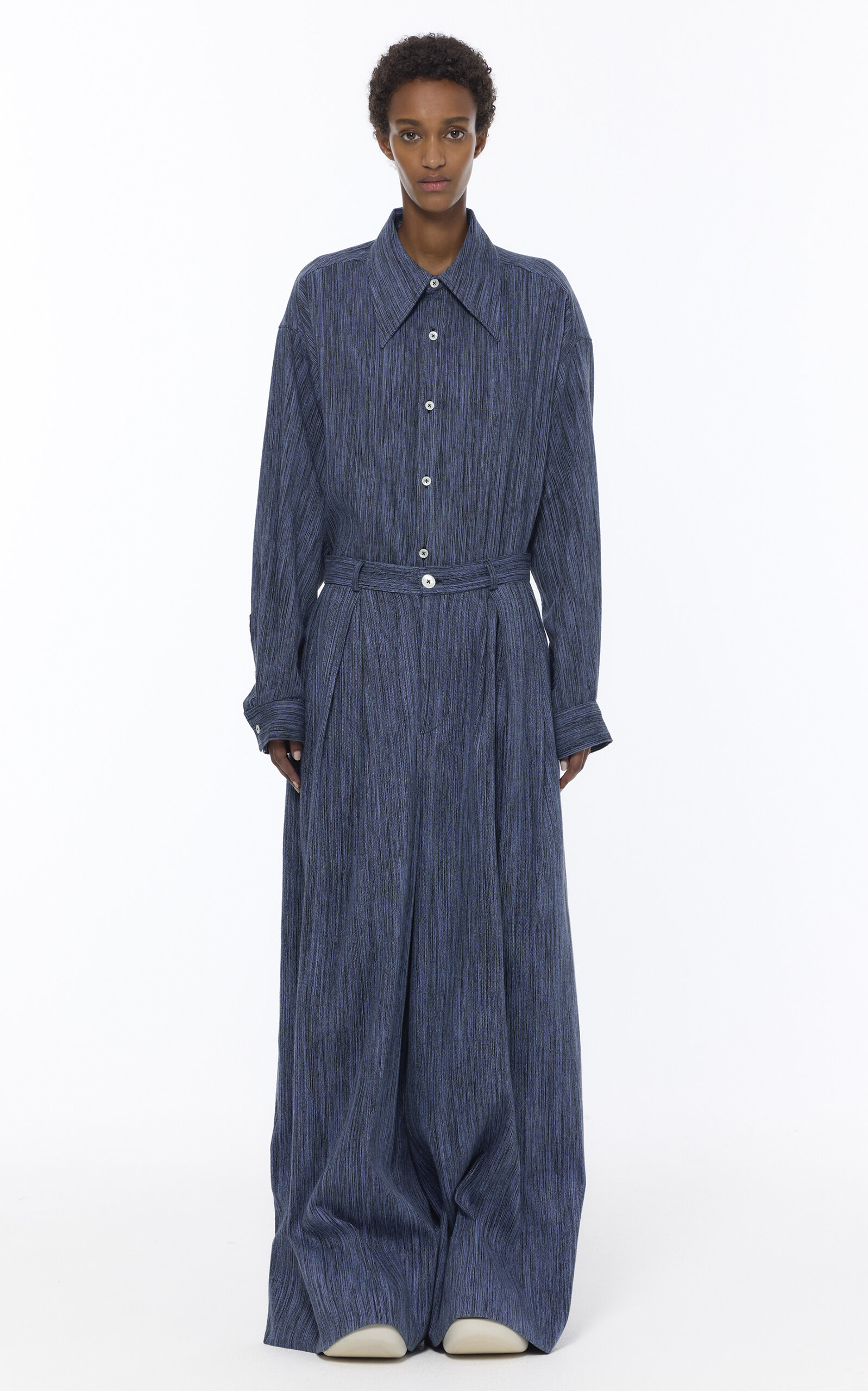 Mid-Rise Cotton Chambray Wide-Leg Pants