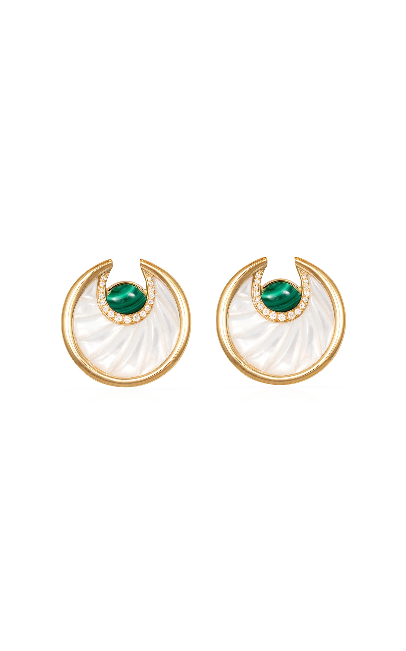 Flat Circus Moon Medium 18K Gold Diamond; MOP; Malachite Earrings