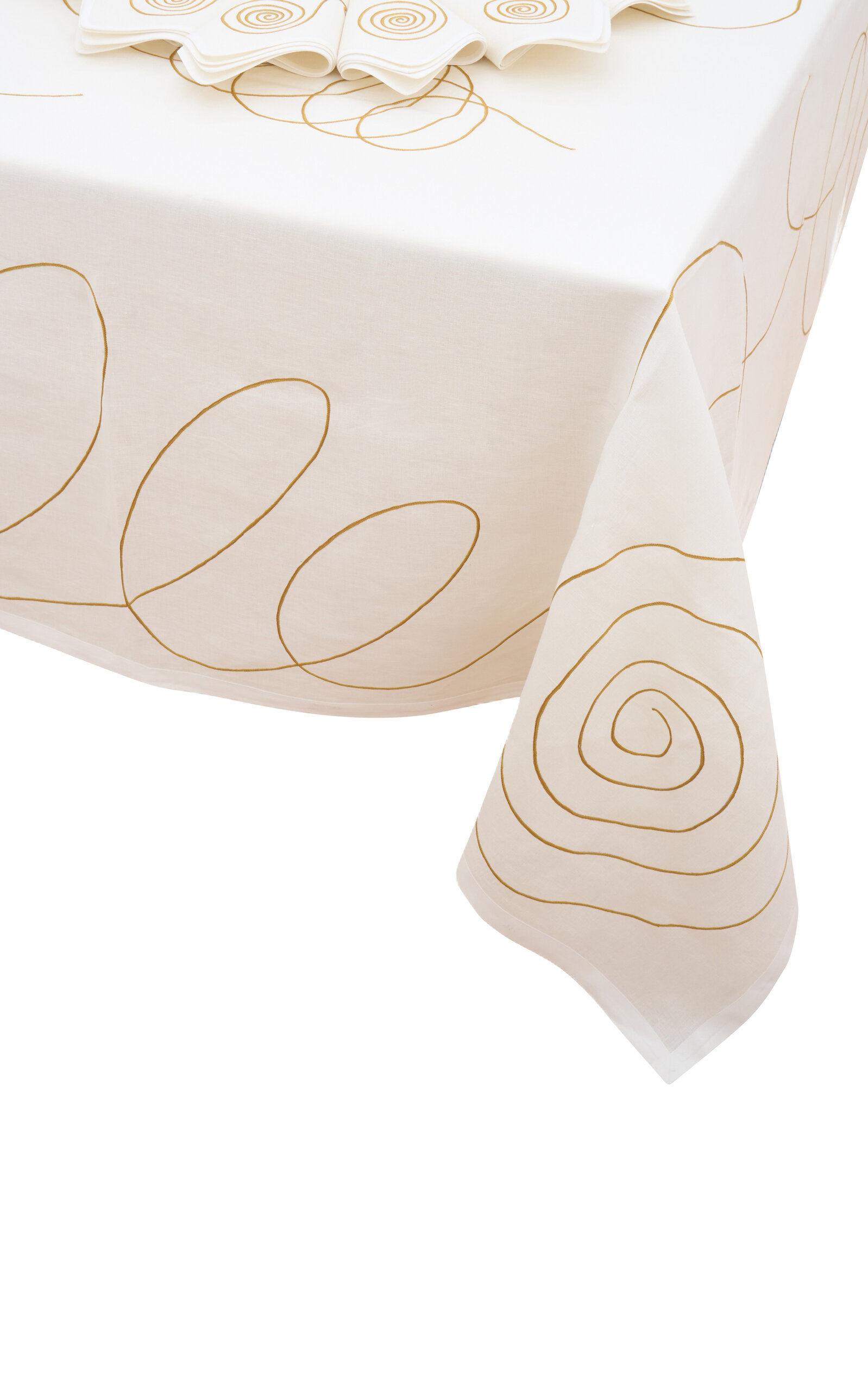 LORETTA CAPONI X CARLOS MOTA MOBILE EMBROIDERED RECTANGULAR TABLECLOTH IN LINEN; SEATS 12 WITH NAPKINS 