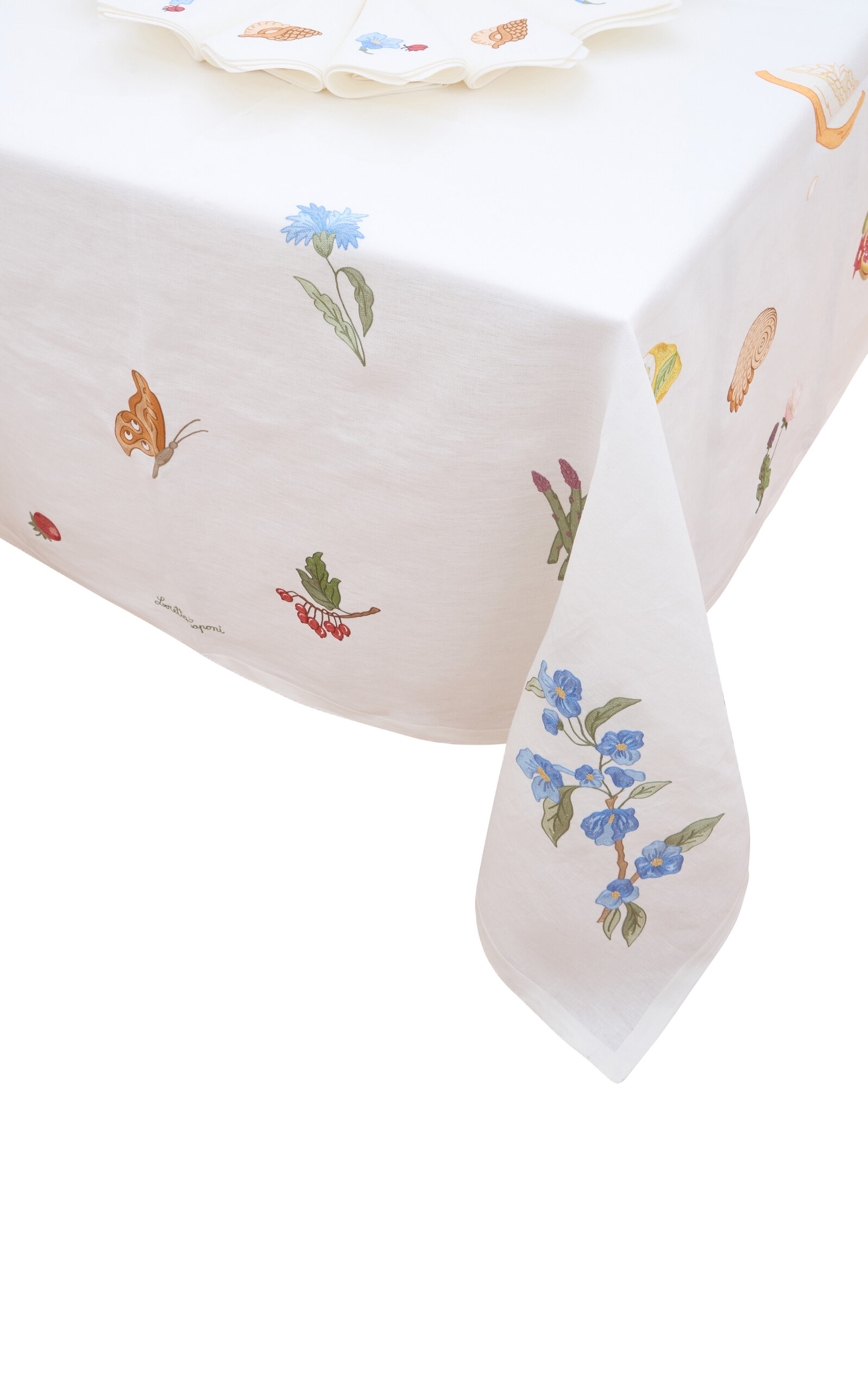 LORETTA CAPONI X CARLOS MOTA NATURA EMBROIDERED RECTANGULAR TABLECLOTH IN LINEN; SEATS 10 WITH NAPKINS 