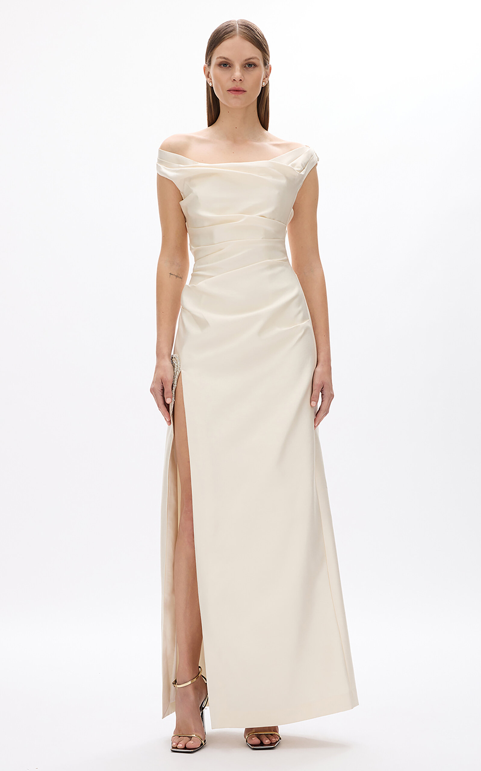 Bailey Off-The-Shoulder Slit Silk-Wool Gown