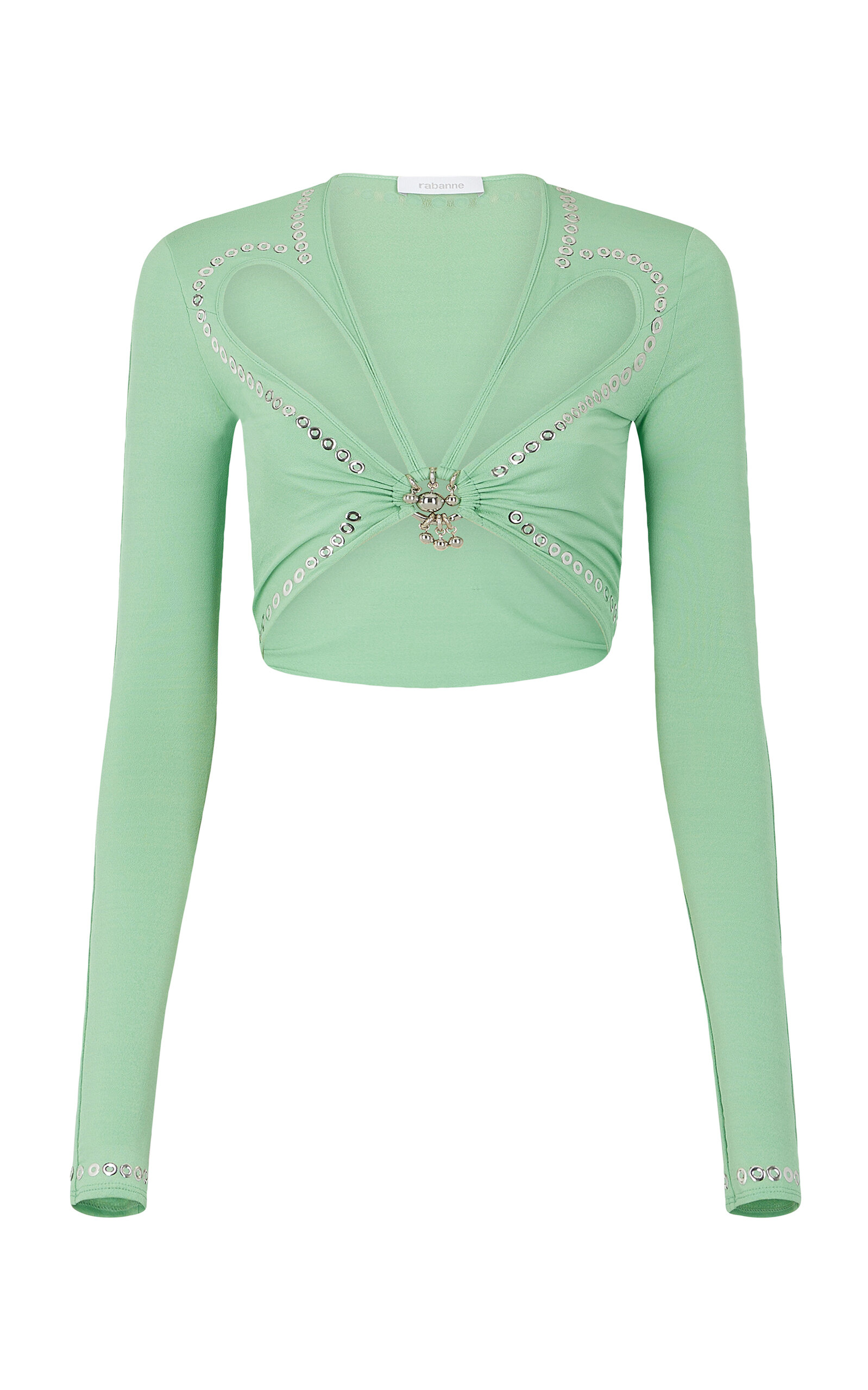 Rabanne Studded Cutout Jersey Crop Top In Green